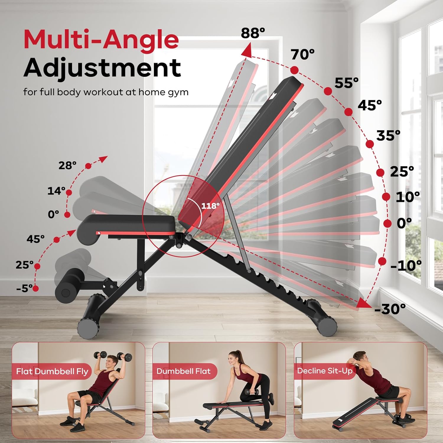 Diagram illustrating the multi-angle adjustment capabilities of the PASYOU PA180 Weight Bench for backrest and seat.
