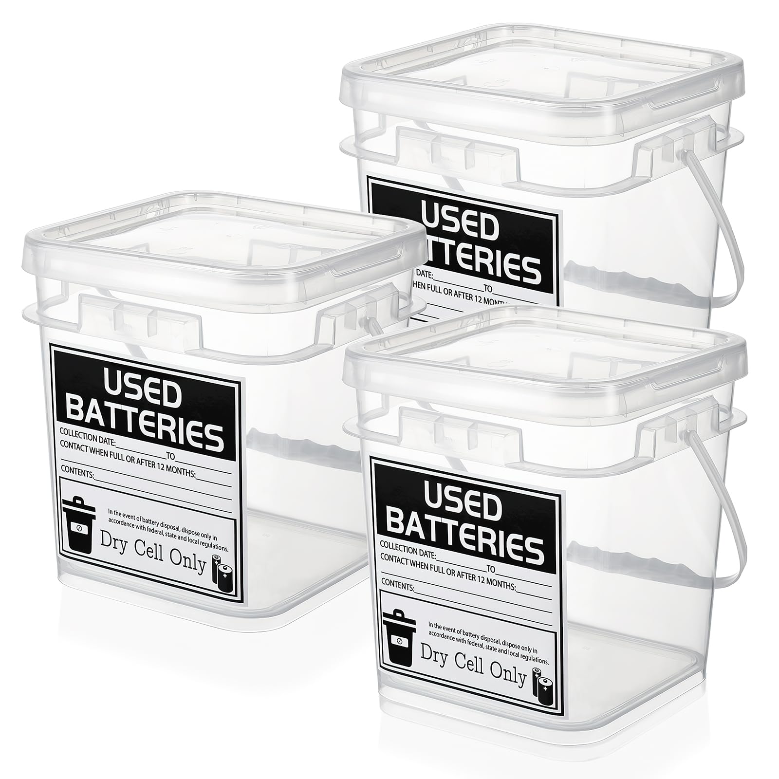 Batterie-Entsorgungsbehälter, 3 Liter, Trockenzellen-Aufbewahrung mit Etikett, Batterie-Recycling-Behälter für sichere Aufbewahrung und Haushalt und Büro (transparent, quadratisch)