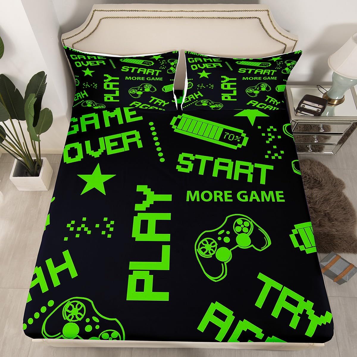 Erosebridal Games Fitted Sheet Twin Size Kids Boys Gamepad Gamer Bedding Set Gaming Sheet Set Gifts for Christmas Bed Cover Gamer Room Decor with 1