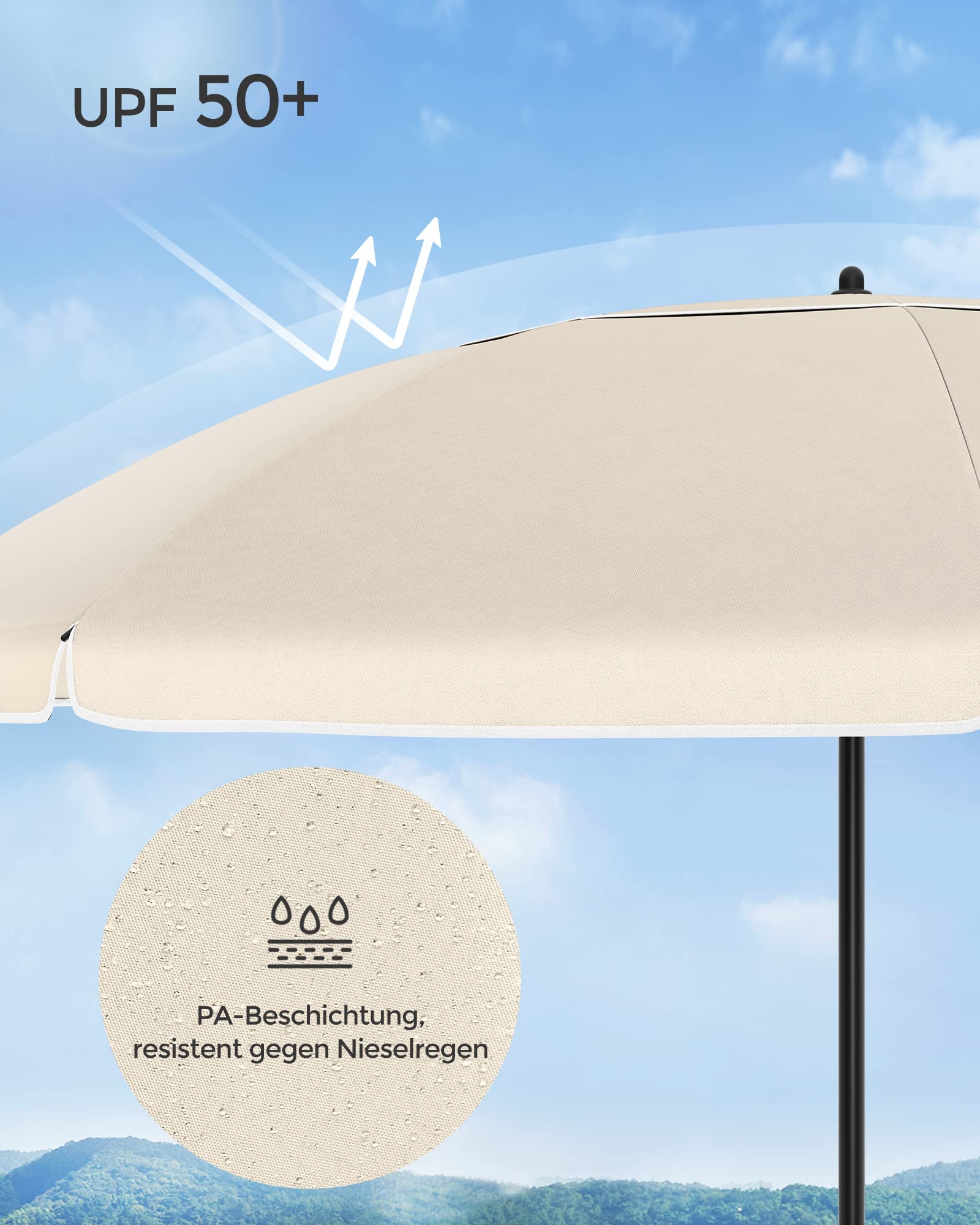 SONGMICS Sonnenschirm, 160 cm, Sonnenschutz, UPF 50+, neigbar um 30 Grad in beide Richtungen, höhenverstellbar, mit Tragetasche, für Balkon, Garten, Terrasse, Strand, ohne Sockel, Beige GPU60WTV1