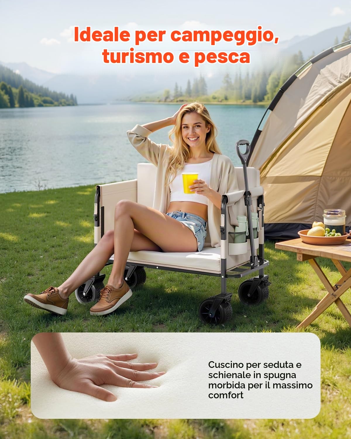 VEVOR Carrello Pieghevole 970 x 580 x 670 mm Carrello Portaoggetti per Giardino Che Si Trasforma in Panca, Capacità di Peso 249,48 kg con Maniglia Regolabile per Spesa, Campeggio, Giardinaggio