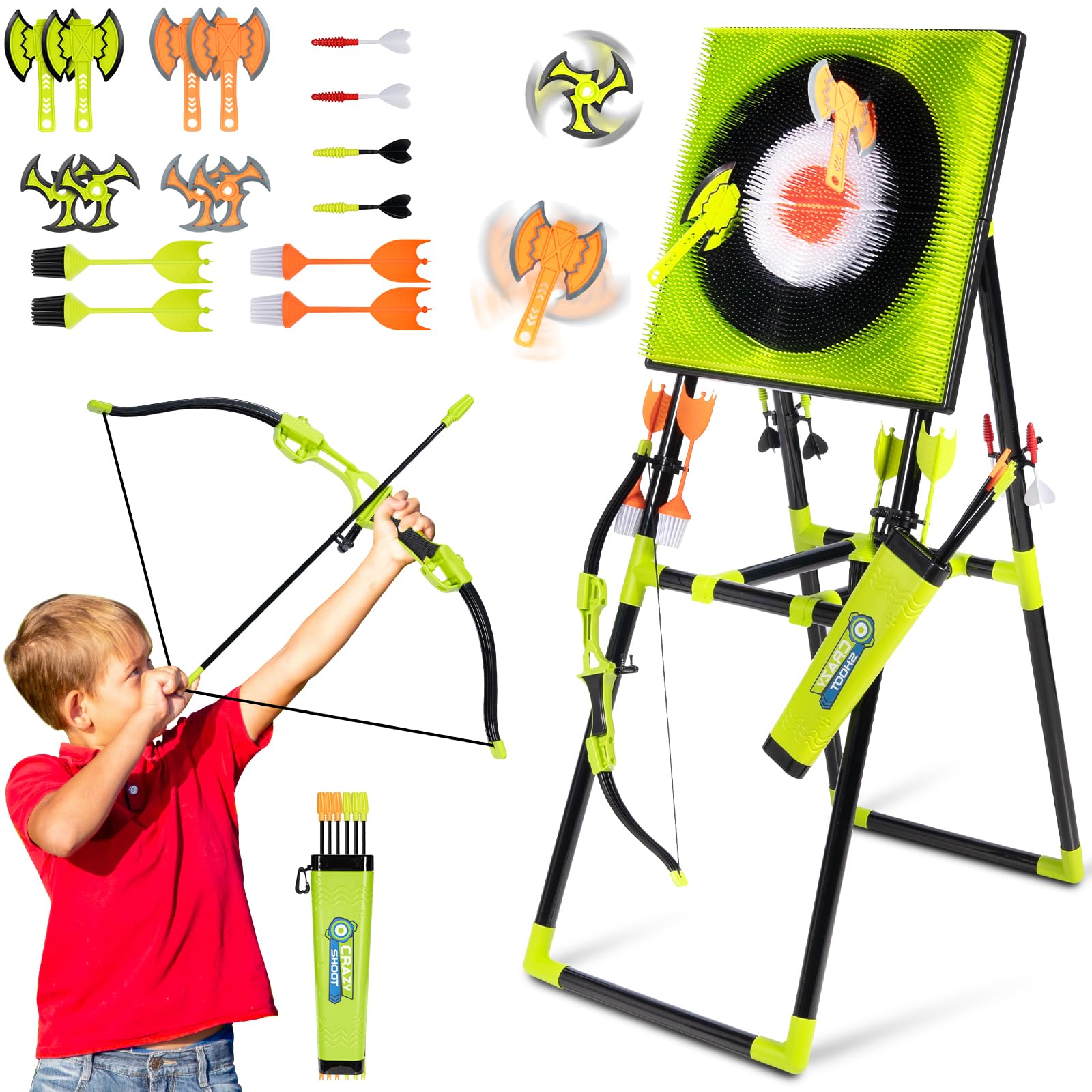 5-in-1 Pro Competition Axe Throwing Target - Heavy-Duty Indoor/Outdoor Games for Team Battles with 4 Axes, 4 Stars, 4 Darts, 4 Lawn Darts & 6 Arrows - All-Weather Backyard Battle Set