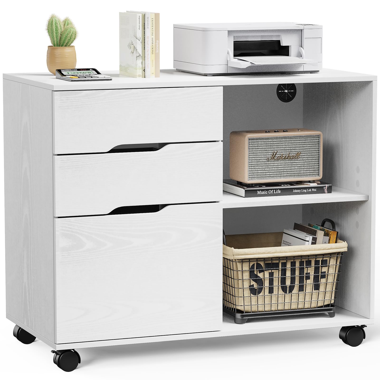 DUMOS Wood File Cabinet with 3 Drawers, Rolling Printer Stand | Under Desk Storage Organizer Home Office Space with Shelves for Files and Office Supplies, White