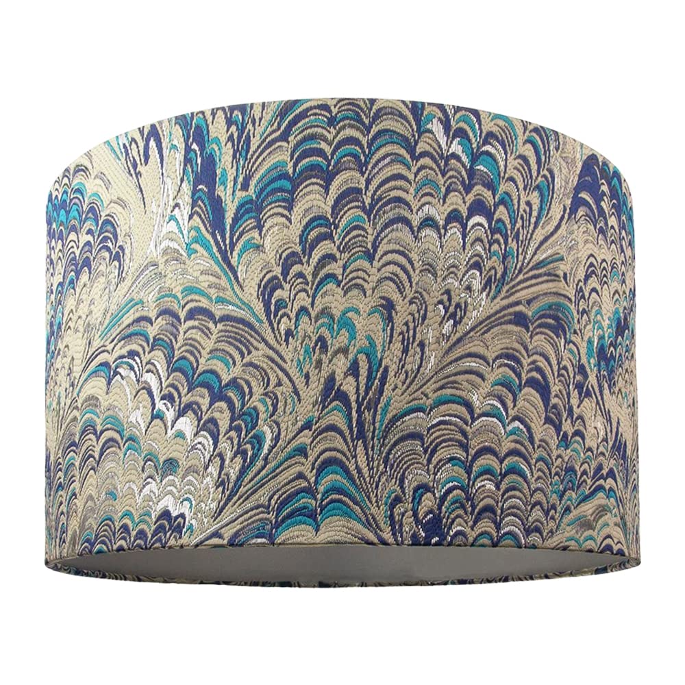 Contemporary and Vivid Peacock Print Table/Pendant Drum Lamp Shade in Teal, Grey, Blue and Silver Cotton - 40cm with Silver Satin Fabric Inner Lining | 60w Maximum by Happy Homewares