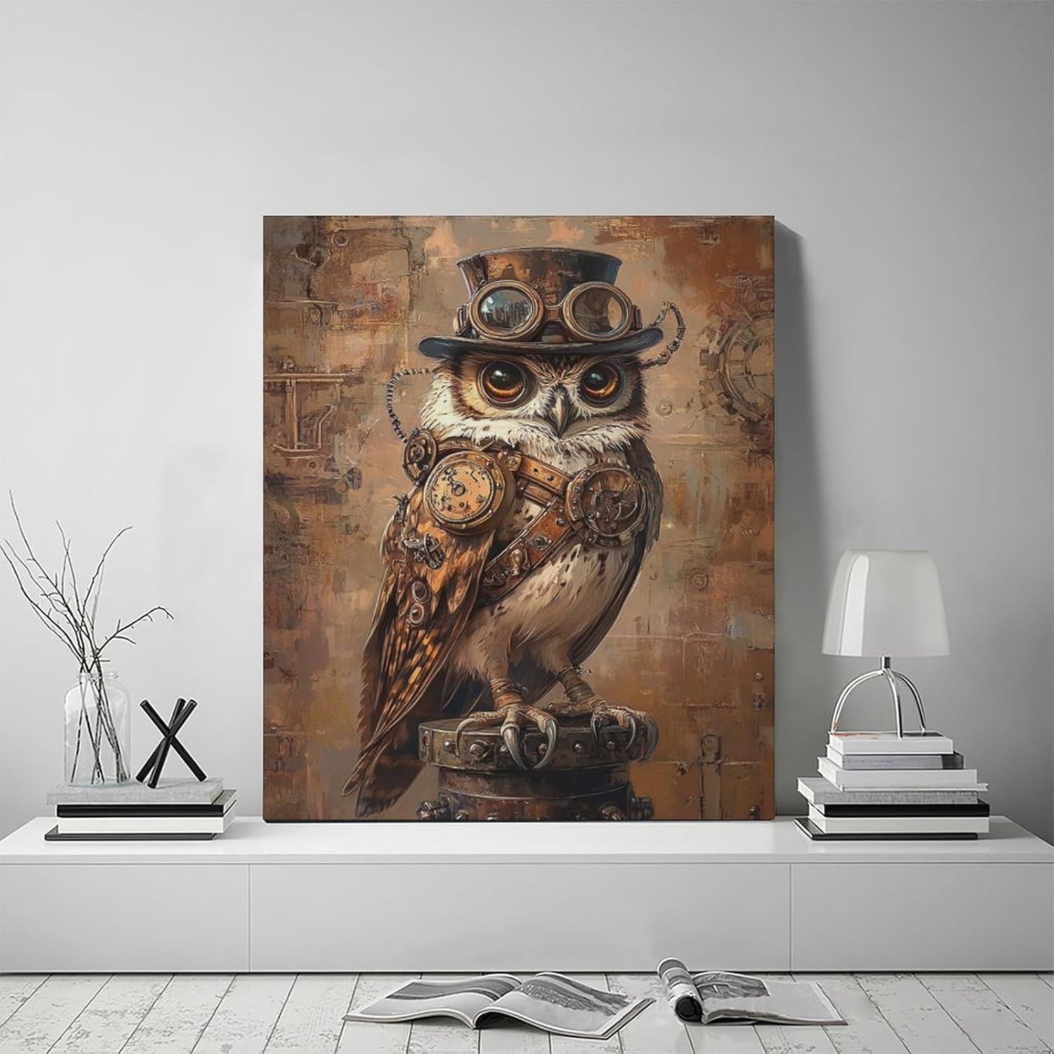 Olivine Steampunk Wall Art, Owl Pictures Wall Decor, Retro Steam Punk Bird Canvas Prints Painting, Framed Artwork for Living Room Bedroom Bathroom Office Home Decor 24"x20"