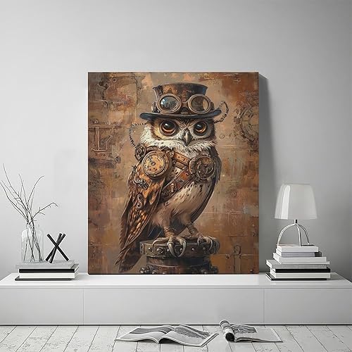 Miniatura 3 de Olivine Arte de pared Steampunk, cuadros de búho, decoración de pared retro, impresiones en lienzo de pájaros punk, pintura enmarcada para sala de
