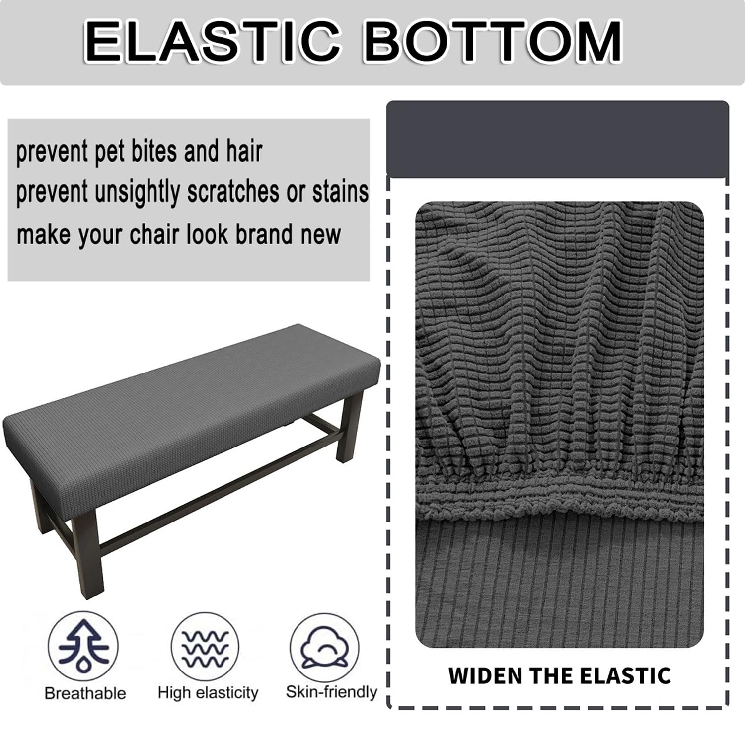 Rechteckige Stretch-Bankbezüge, Anti-Staub, abnehmbarer Langstuhl-Schonbezug, waschbarer Sitzschutz für Wohnzimmer, Schlafzimmer und Küche (L: 160 cm - 180 cm, Grau)