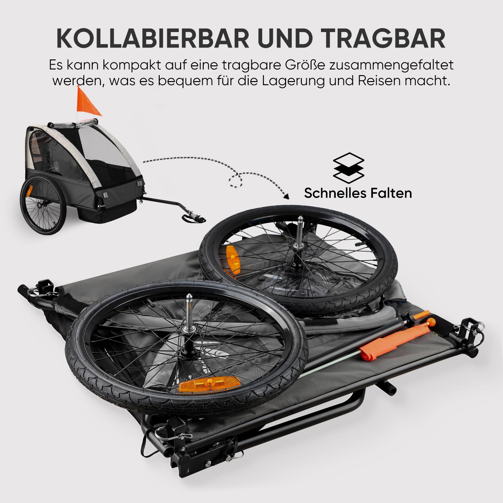 SEPNINE Kinderanhänger für Fahrrad, Fahrradanhänger für 1-2 Kinder, mit 5-Punkt-Sicherheitsgurt, Luftreifen, Handbremse, Faltbar, Max. 40 kg (Grau)