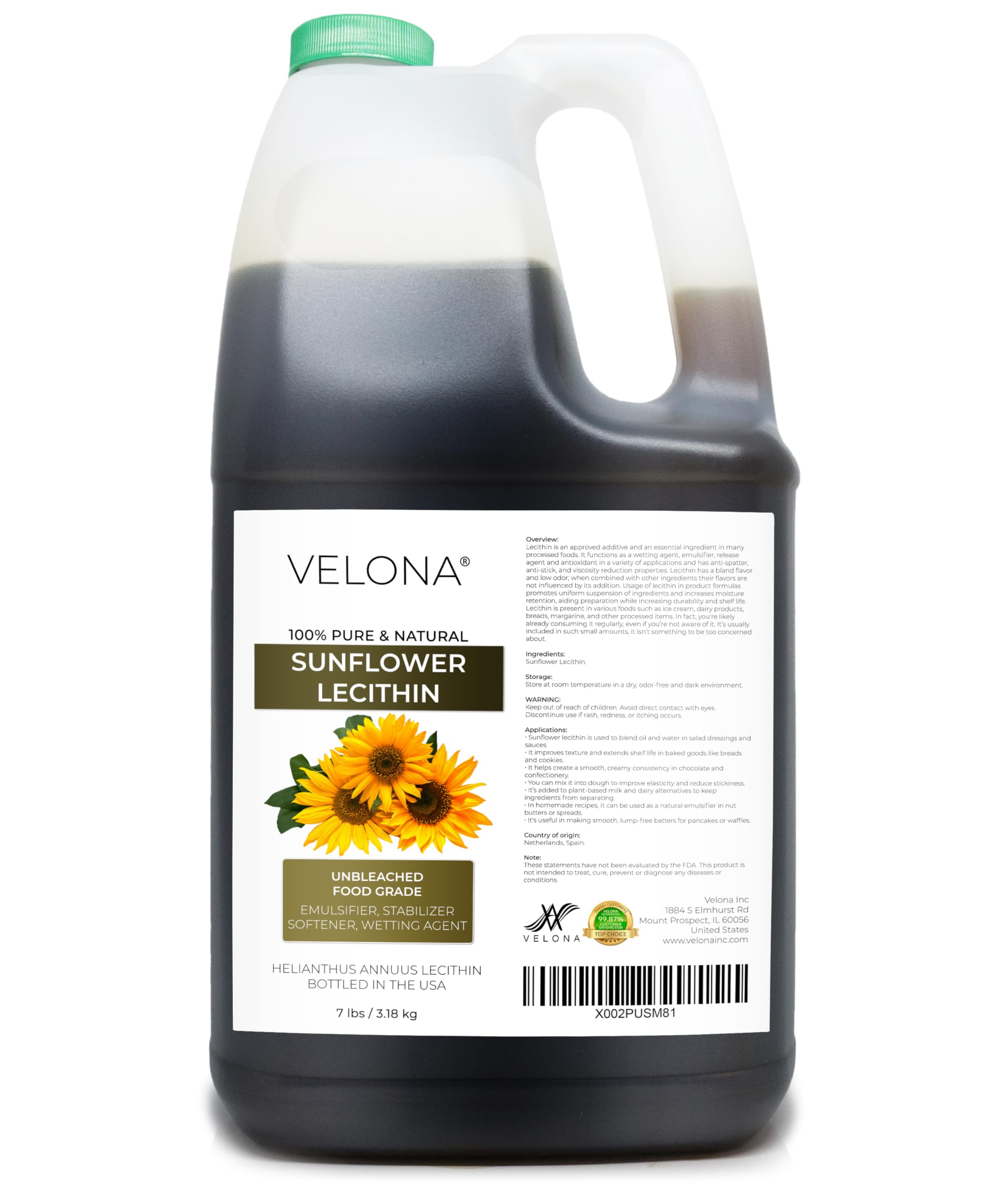velona Pure Liquid Sunflower Lecithin 7 lb | Food Grade | Unbleached | Emulsifier, Stabilizer, Softener, Smoother, Wetting Agent | Use Today - Enjoy Results