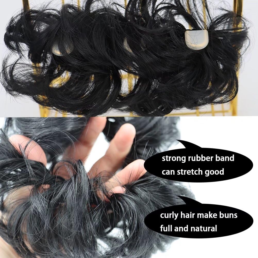 LaLuLoLi 2PCS Women's Thick Curly Wavy Updo Hair Bun Extensions Natural Black Color Heat Resistent Fiber Synthetic Messy Hairpieces for Beauty Women Party Daily Use (#1 Black Color) - Image 3