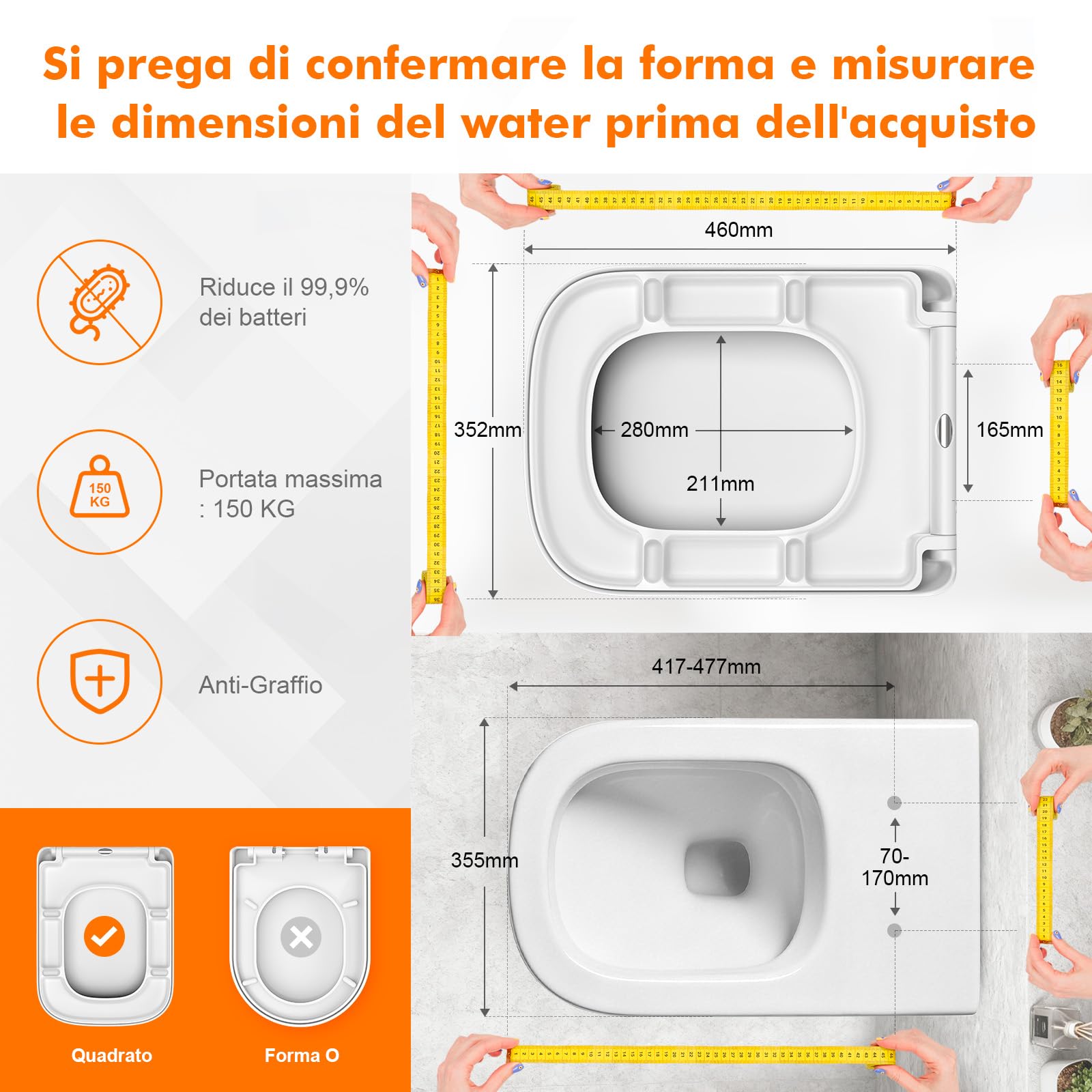 GRIFEMA Copriwater Universali, Tavoletta WC Quadrata con Funzione di Sgancio Rapido, Sedile WC Urea-Formaldeide Materiale Antibatterico, Facile da Pulire, 46.1 * 5.3 * 35.1cm, Bianco