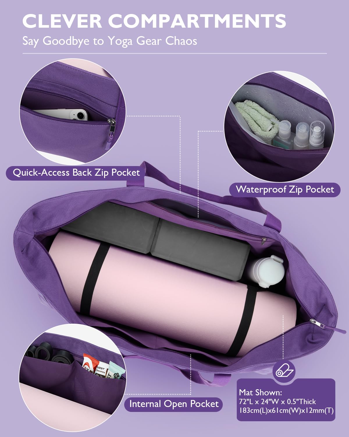 Gonex Borsa Yoga Donna in Tela Extra Large, Borsa da Palestra con Tasca Impermeabile e Cerniera in Metallo, Porta Tappetino e Mattoncini, per Yoga, Pilates, Viaggi