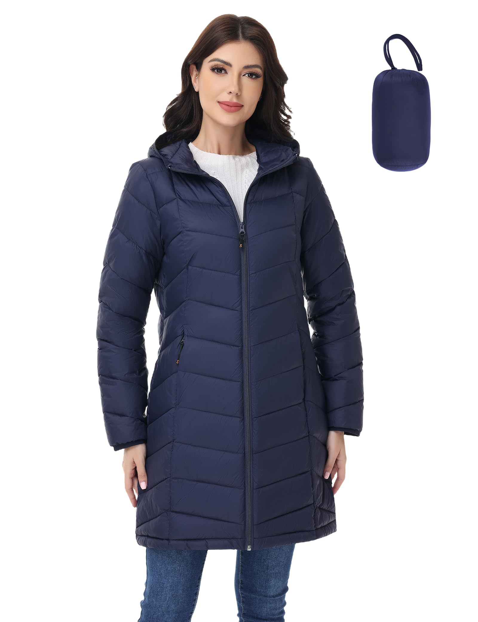 SLOW DOWN Womens Lightweight Puffer Coat, Women Hooded Packable Mid-Length Winter puffer Jacket