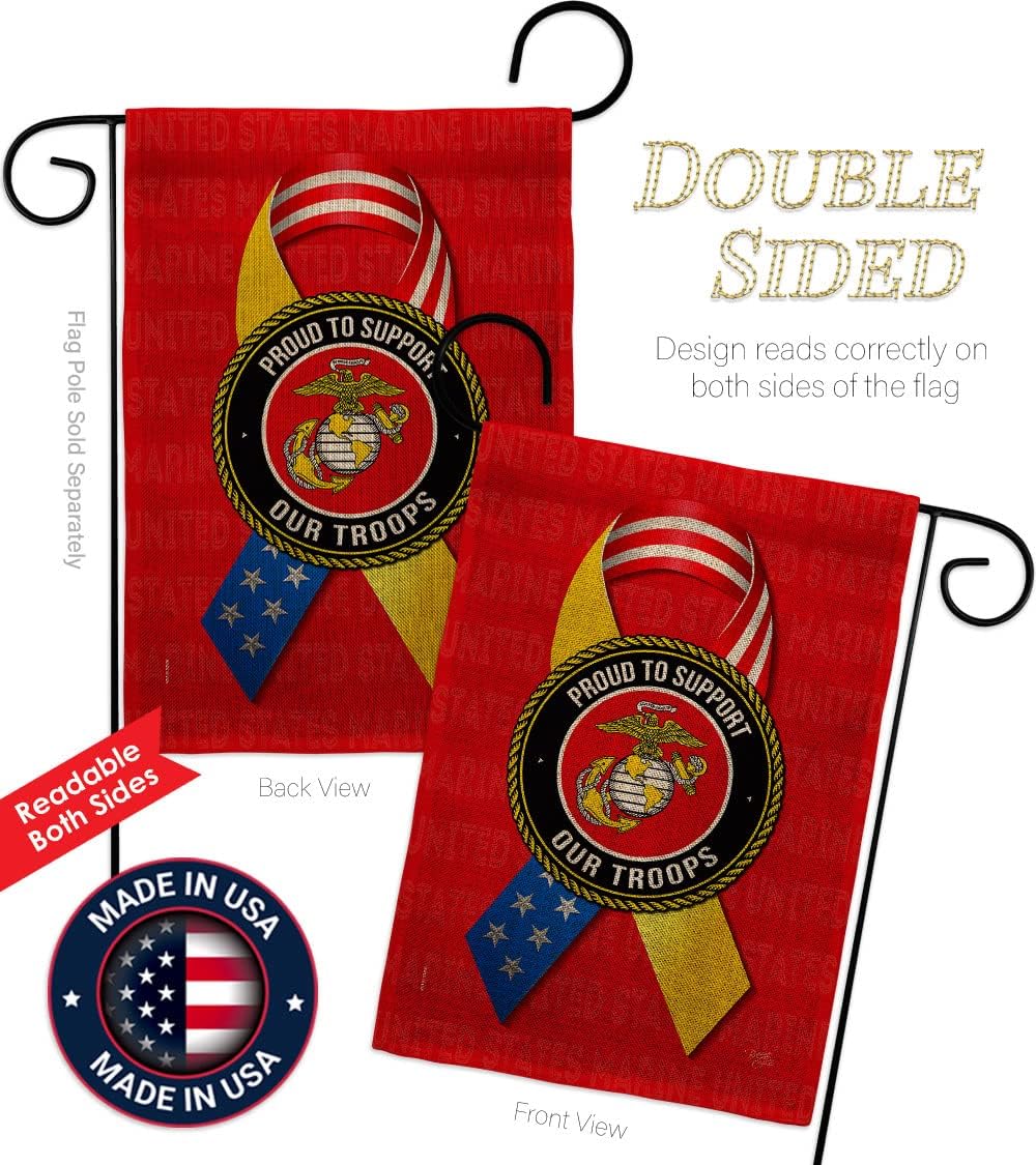 Support Marine Troops Burlap Garden Flag - Set with Stand Armed Forces Corps USMC Semper Fi United State American Military Veteran Retire Official - House Yard Gift Double-Sided 13 X 18.5