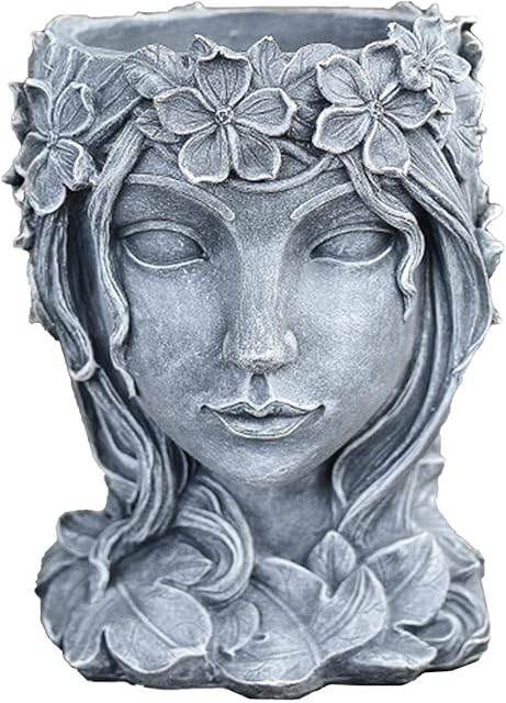 POHOVE Goddess Head Flower Pot Statue Head Cement Planter Flower Pot Resin Succulent Vase Face Goddess Head Design Succulents Plant Pot with Drainage Hole Home Office