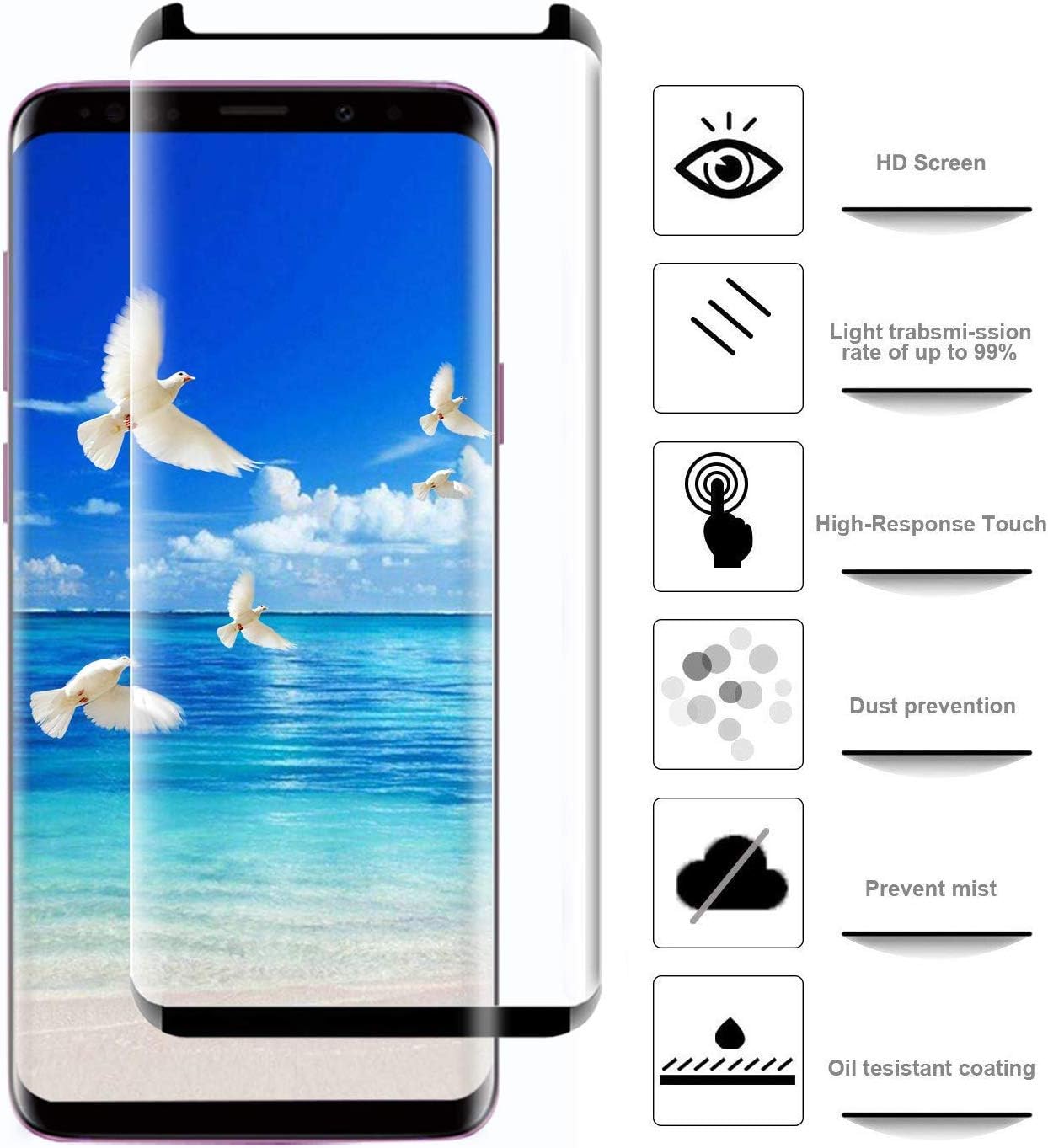 [2-Pack] Keklle Galaxy S9 Screen Protector, Case Friendly,Anti-Bubble,Anti-Scratch,9H Hardness 3D Curved Tempered Glass Film Comfortable for Samsung S9