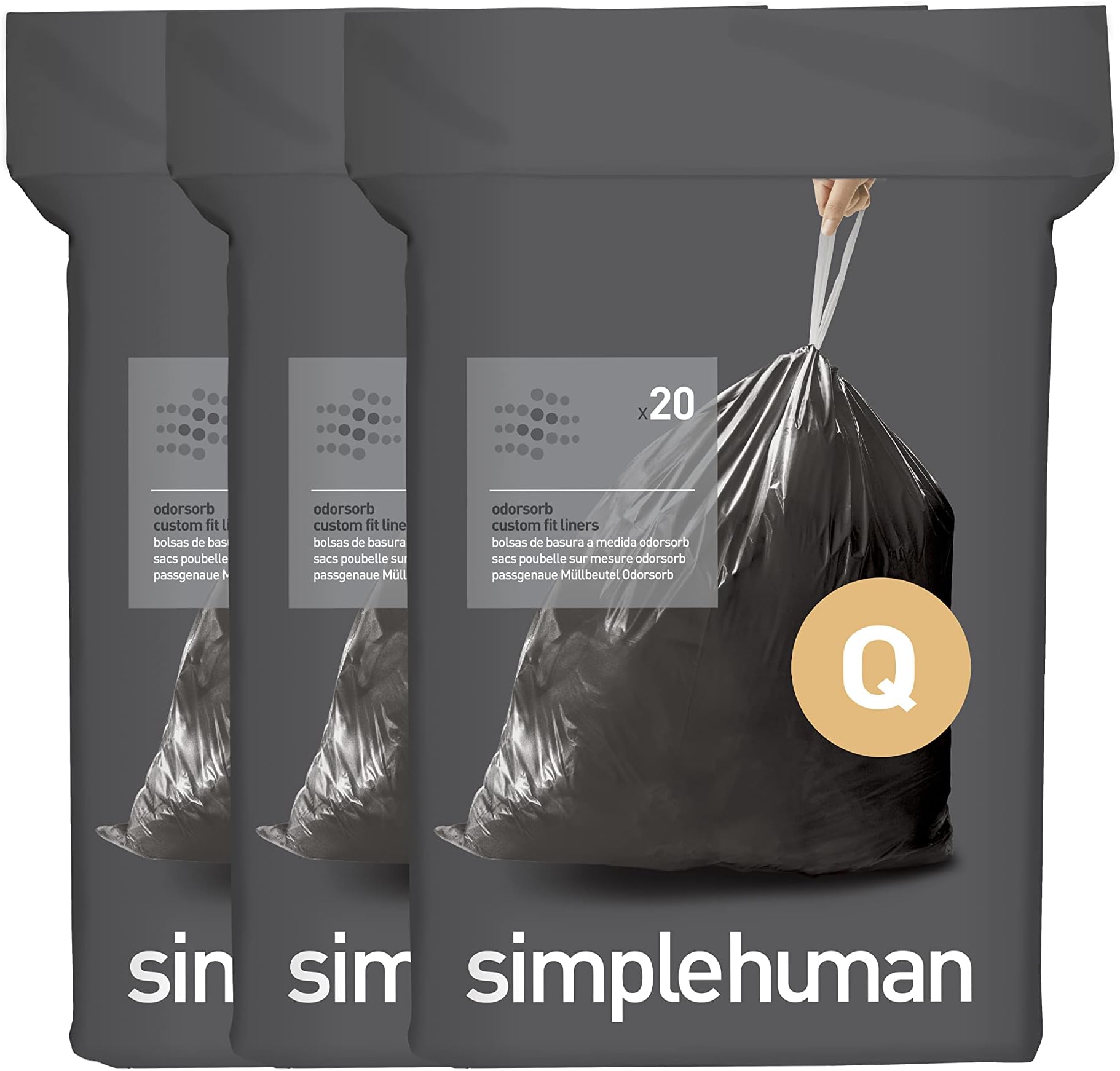 CW0555 code Q Odorsorb Custom Fit Odour Absorbing Bin Liner Bulk Pack, Black Plastic (3 Pack of 20, Total 60 Liners)