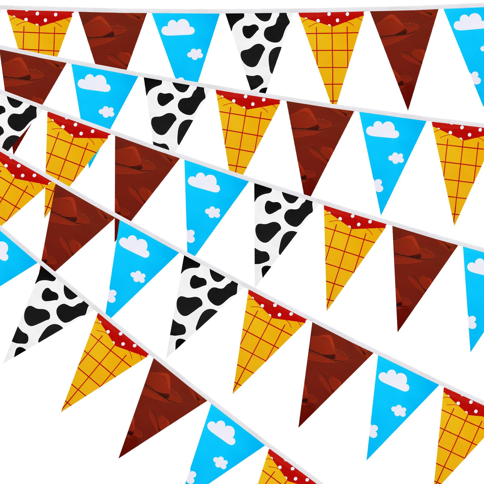 Xindojuz 5 PCS Toy Cartoon Story Birthday Banner Party Decorations, Blue Sky White Cloud and Cow Print Pennant Red Blue Yellow String Triangle Flag Story Banner for Baby Shower Birthday Party Decor