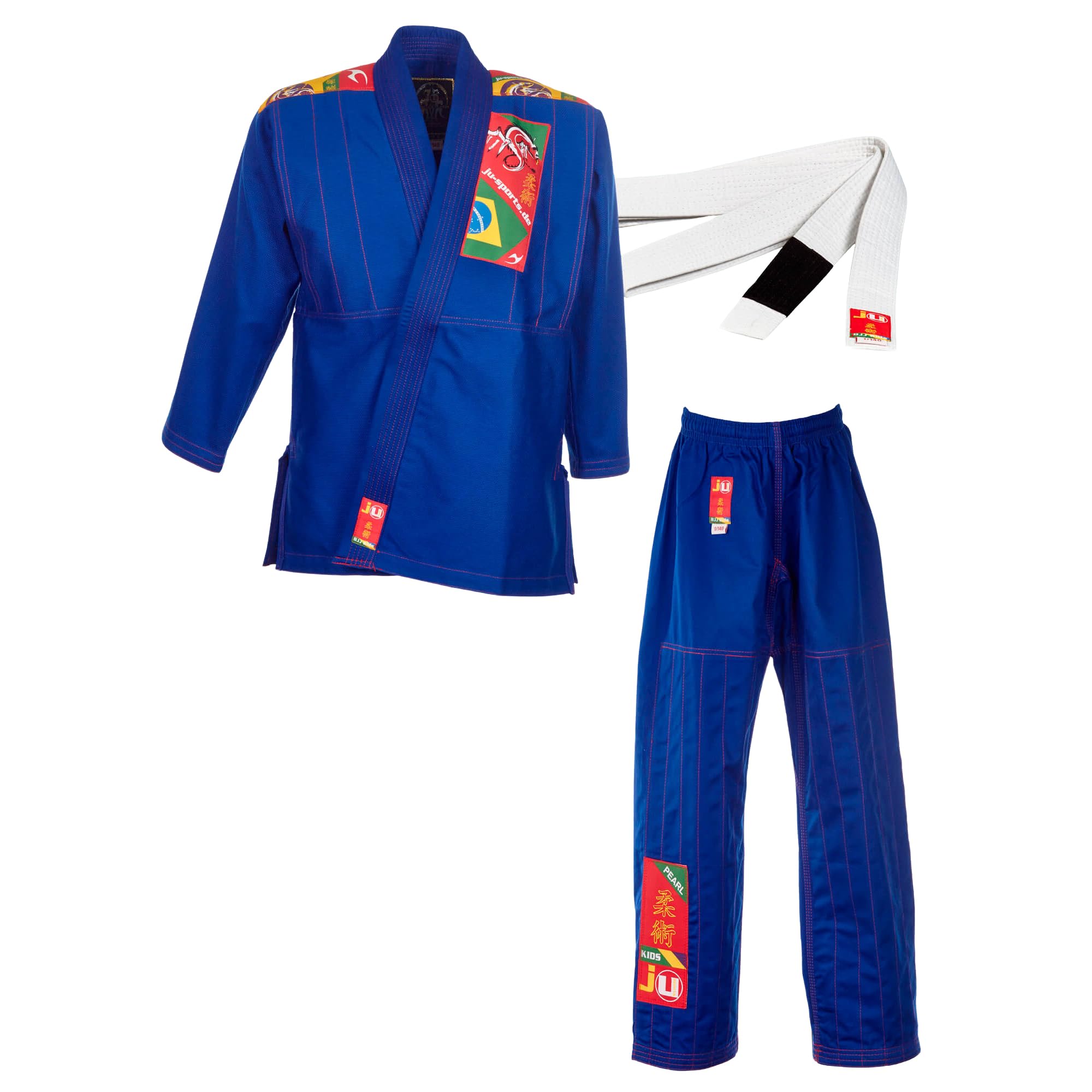 Ju-Sports BJJ Anzug Kids Blau I Leichter, schlanker Brazilian Jujutsu Anzug speziell für Kinder I BJJ Gi im bunten Design I Inkl. weißem Gurt I 100% Baumwolle