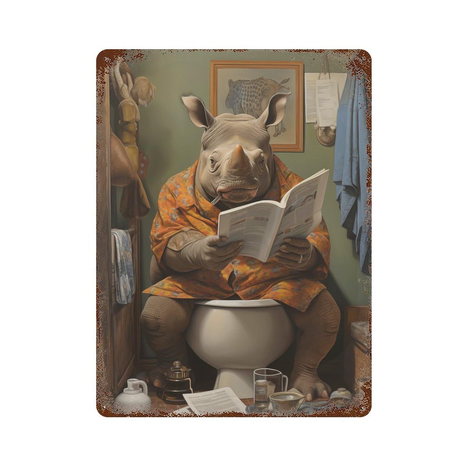Rhino Toilet Decor 15.7"x11.8" Vintage Metal Tin Sign, Retro Wall Decor for Basement, Hobby Room And Garage Decor