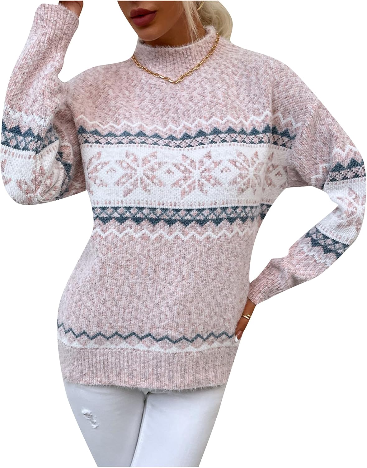 YMING Women’s Casual Christmas Snowflake Knit Sweater – Long Sleeve Half Turtleneck Pullover Top