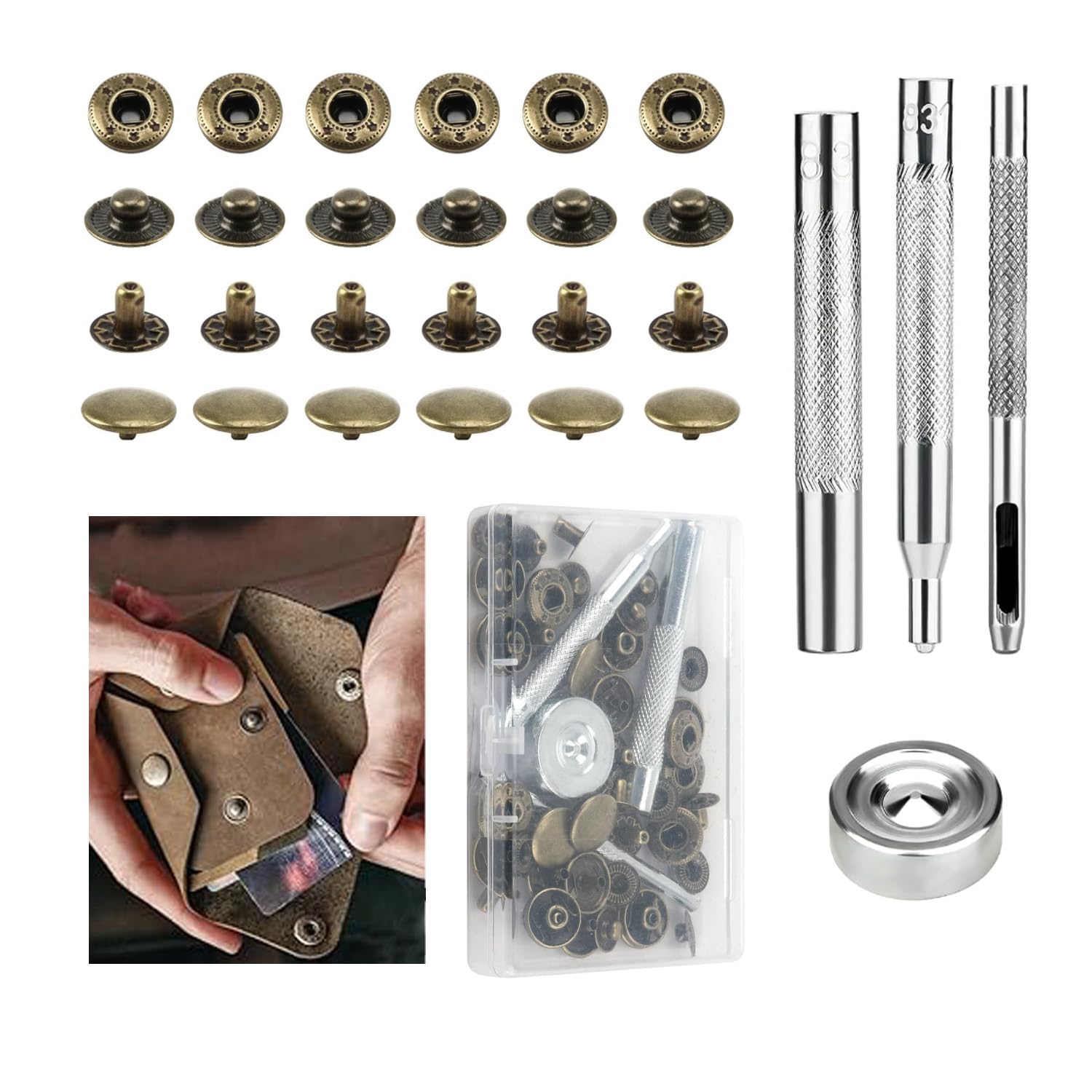 Azushwer Ancient Bronze Press Studs Snap Fasteners,12 Sets Snap Fasteners With 4 Install Fixing Tools Press Studs Snap Fastener Kit Press Stud Kit Press Studs For Clothing Snap Buttons Snap Button Fastener Kit For Diy Crafts
