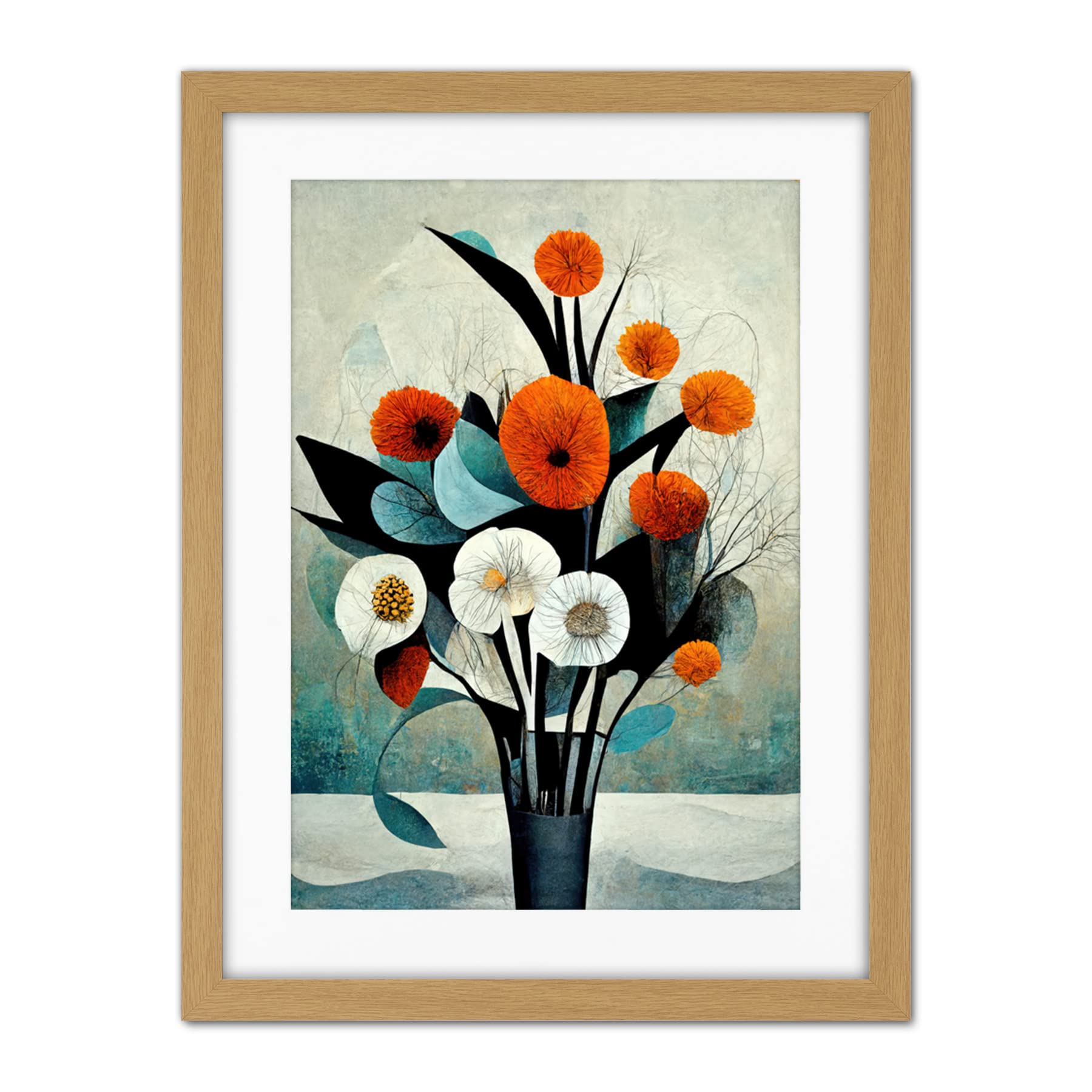 Doppelganger33 LTD Flowers Floral Display Bouquet Modern Abstract Teal Orange Artwork Framed Wall Art Print 18X24 Inch