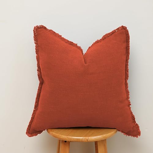 Hckot Funda de almohada de lino de 24 x 24 pulgadas, funda de almohada grande de color naranja quemado con borlas y flecos, cojines decorativos Hckot Funda de almohada de lino de 24 x 24 pulgadas, funda de almohada grande de color naranja quemado con borlas y flecos, cojines decorativos