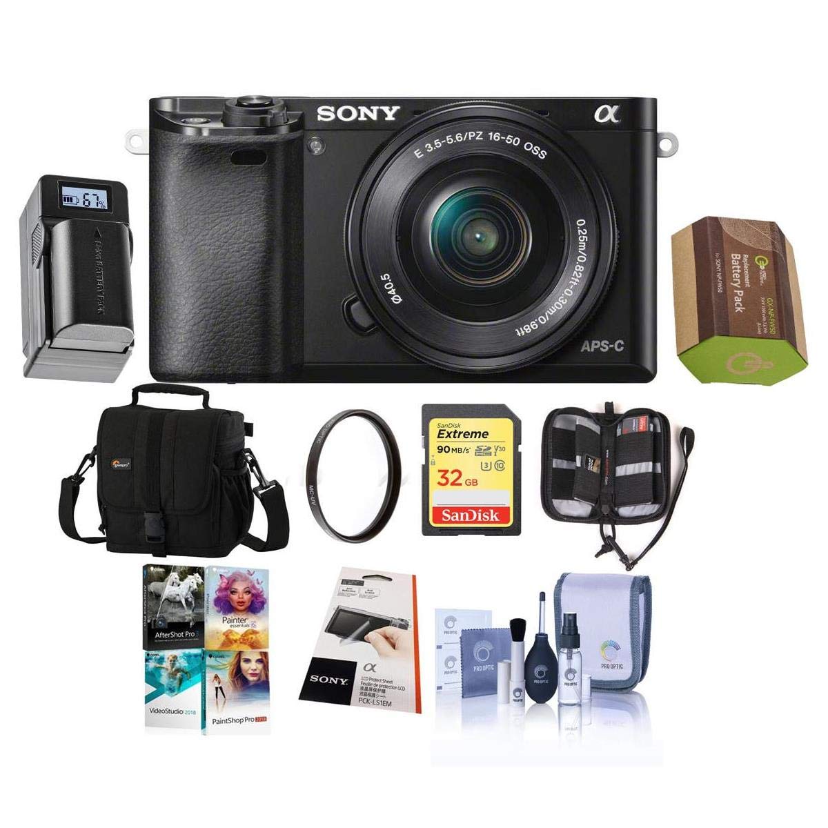 Sony Alpha a6000 Mirrorless Digital Camera 24.3MP SLR Camera (Black) w/16-50mm Power Zoom Lens | Cam Bag + Extra Battery + Base Charger + 32 GB SD Card + Memory Wallet + PC Software + UV Filter & More