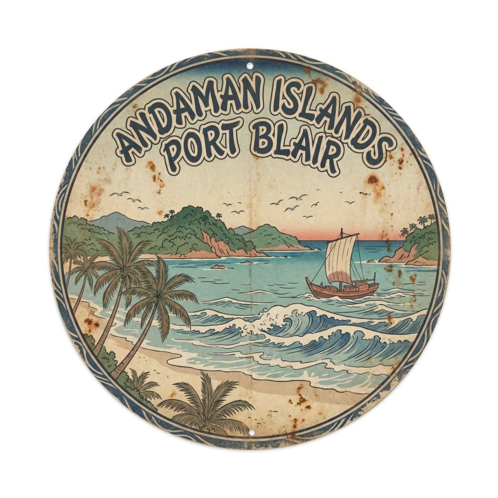 Olhnbad 08X08inch Style Andaman Islands Port Blair Beach Destination Woodblock Metal Tin Sign