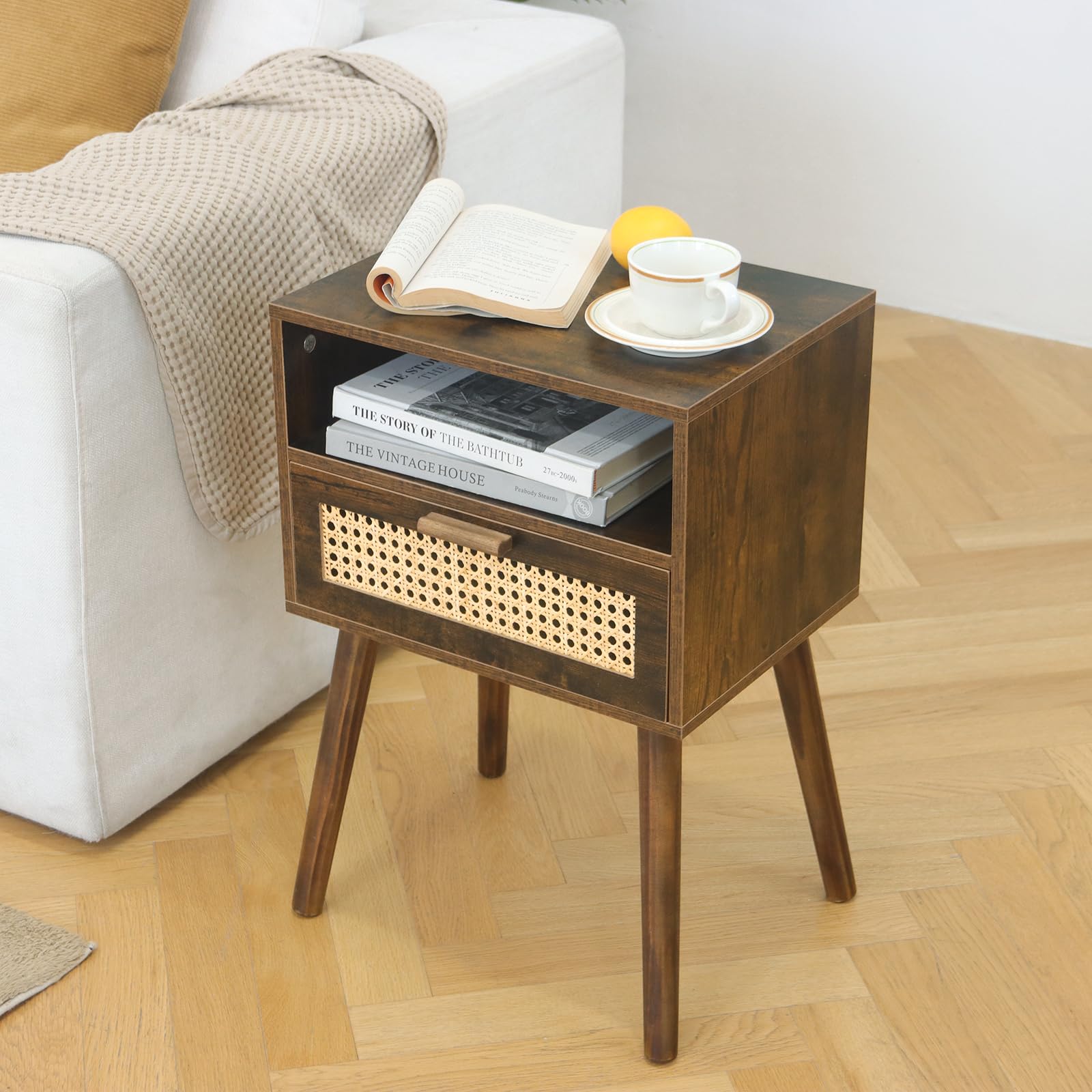 Mesita de noche de mediados de siglo, mesa auxiliar de ratán con cajón, mesita de noche moderna de madera para dormitorio, sala de estar y espacios pequeños (marrón rústico) 6