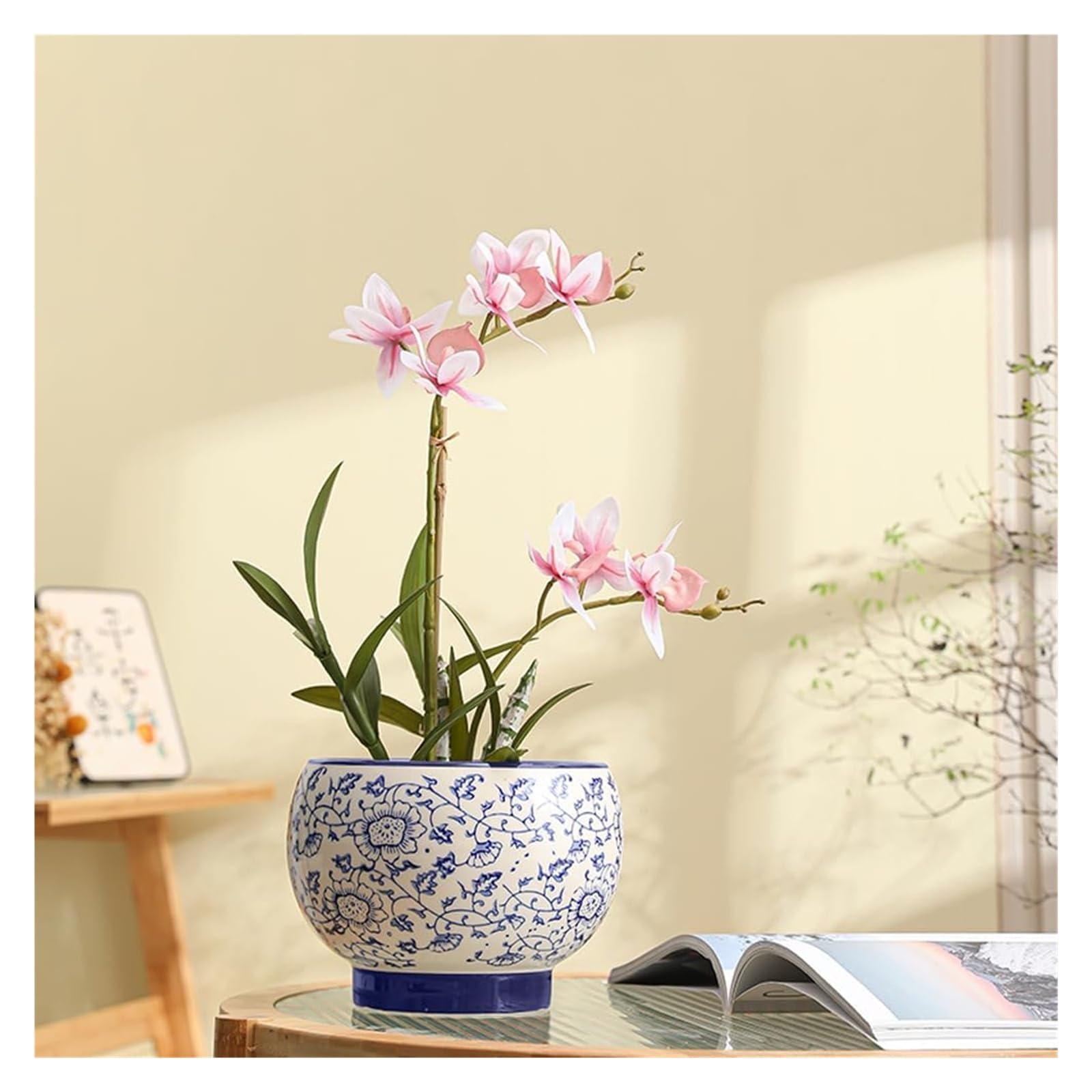 Doniczka gliniana do roślin chińska niebiesko-biała porcelanowa doniczka ceramiczna nowoczesna glazura sukulent z otworem drenażowym 20 cm okrągły kwiat do wewnątrz na zewnątrz zioła Sna (21 x