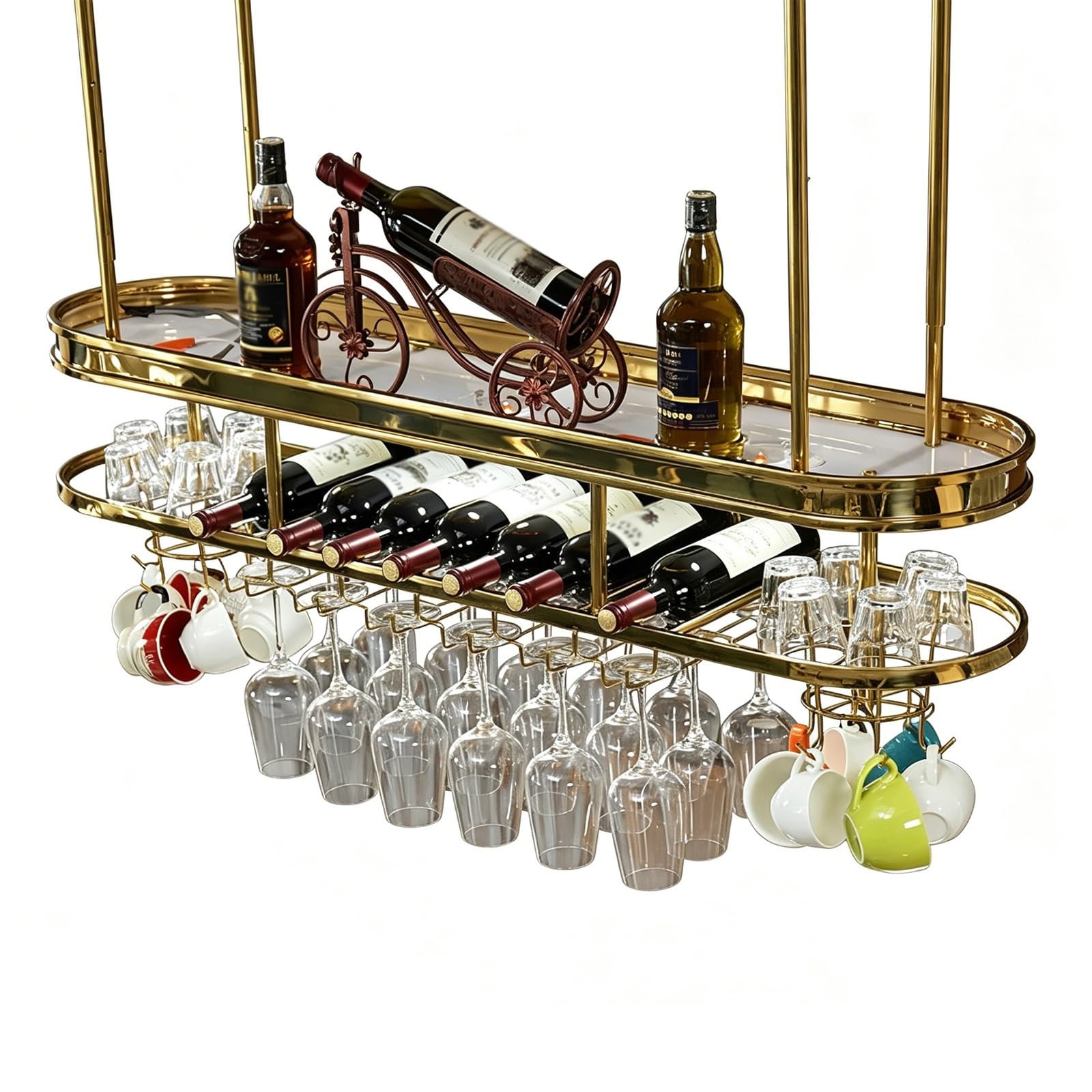 ASYJVWYZ 2-Tier Gold Hanging Wine Rack, Ceiling Mounted Wine Bottle & Glass Organizer With Adjustable Height, Cup Hooks For Home Bar, Kitchen, Pub(120x30cm/47x12in)