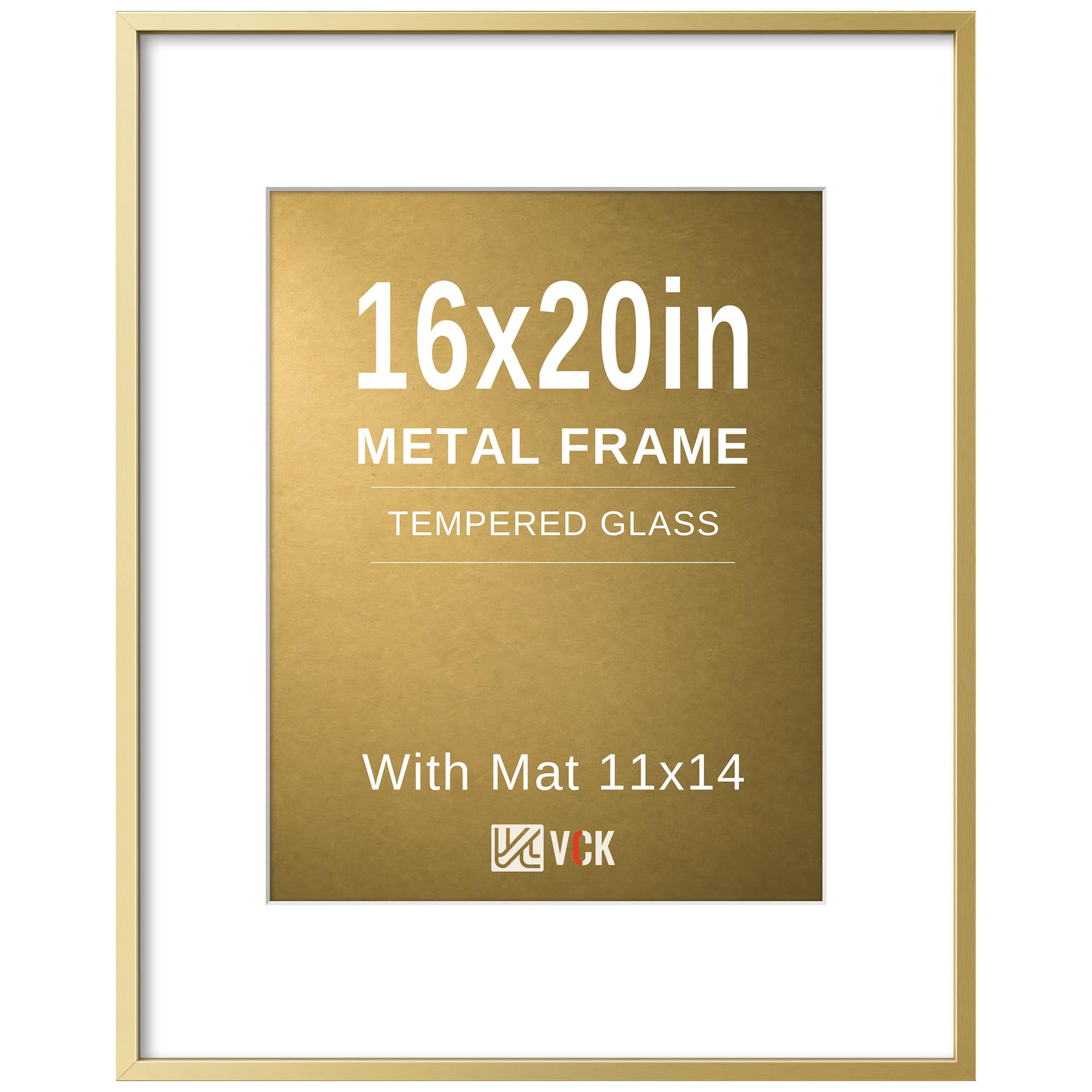 VCK 16x20 Frames Gold Metal, Real Glass, 11x14 Mat, for Picture Print