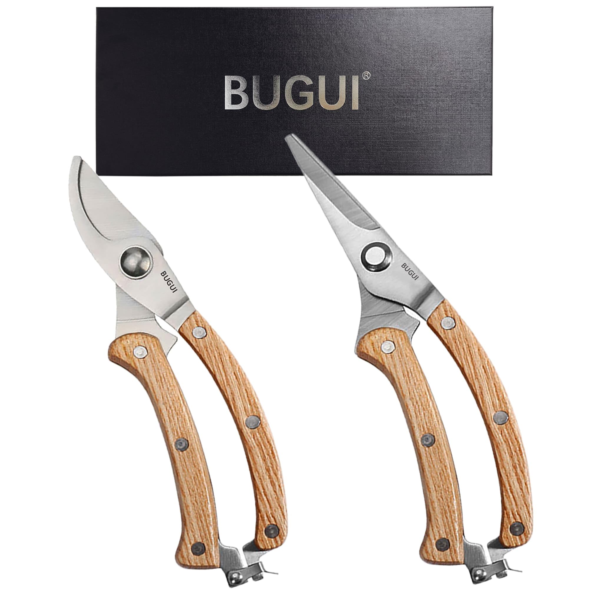 BUGUI 8” Wood Handle Garden Scissors, Set of 2, Includes Bypass Pruning Shears and Long Straight Tip Clippers, Premium Gardening Tools with Precision-Ground SK-5 Steel Blade