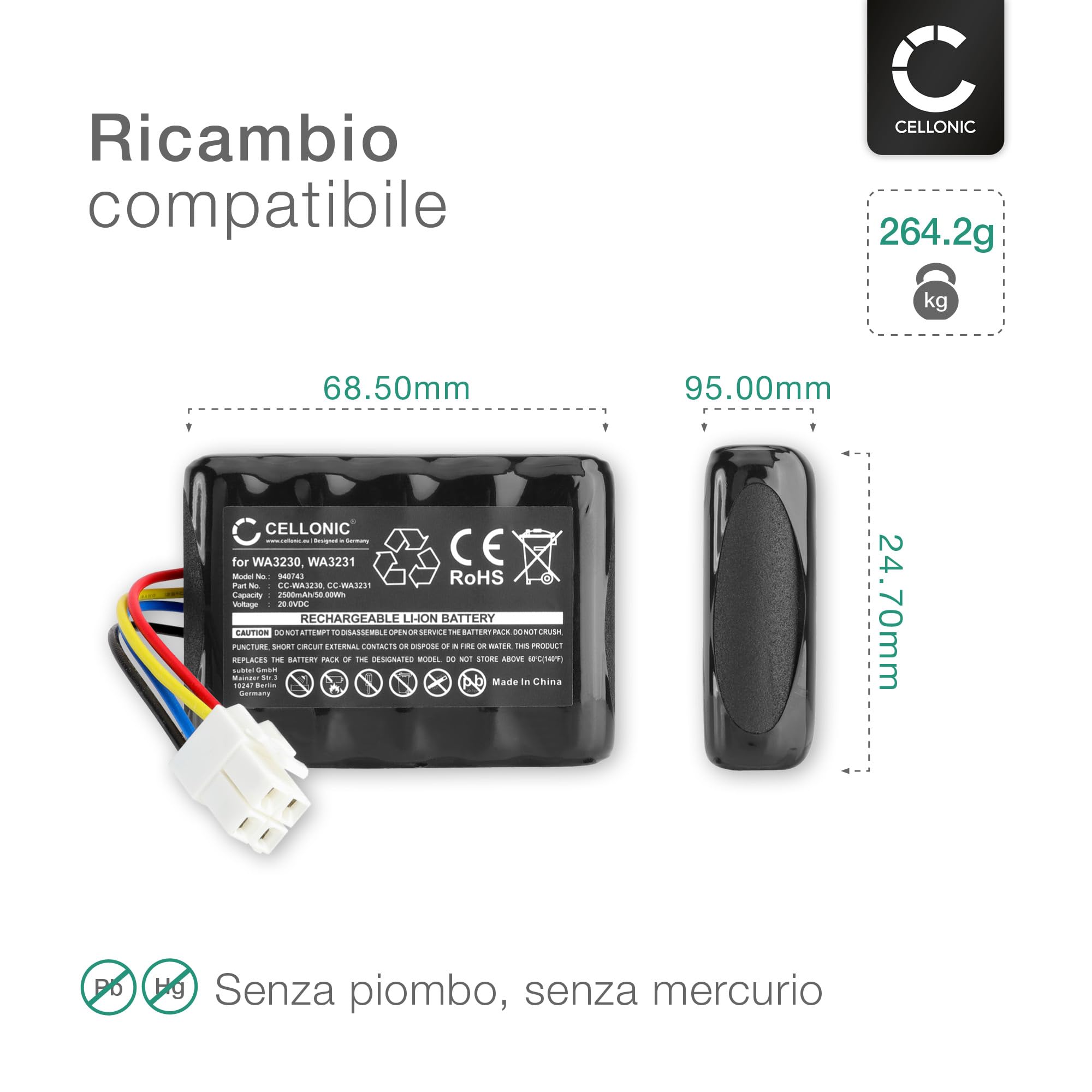 CELLONIC 1x Batteria per Giardino Compatibile con Worx Landroid S300, Landroid S300 2018, WR105SI, WA3230 – (2500mAh, 20V)