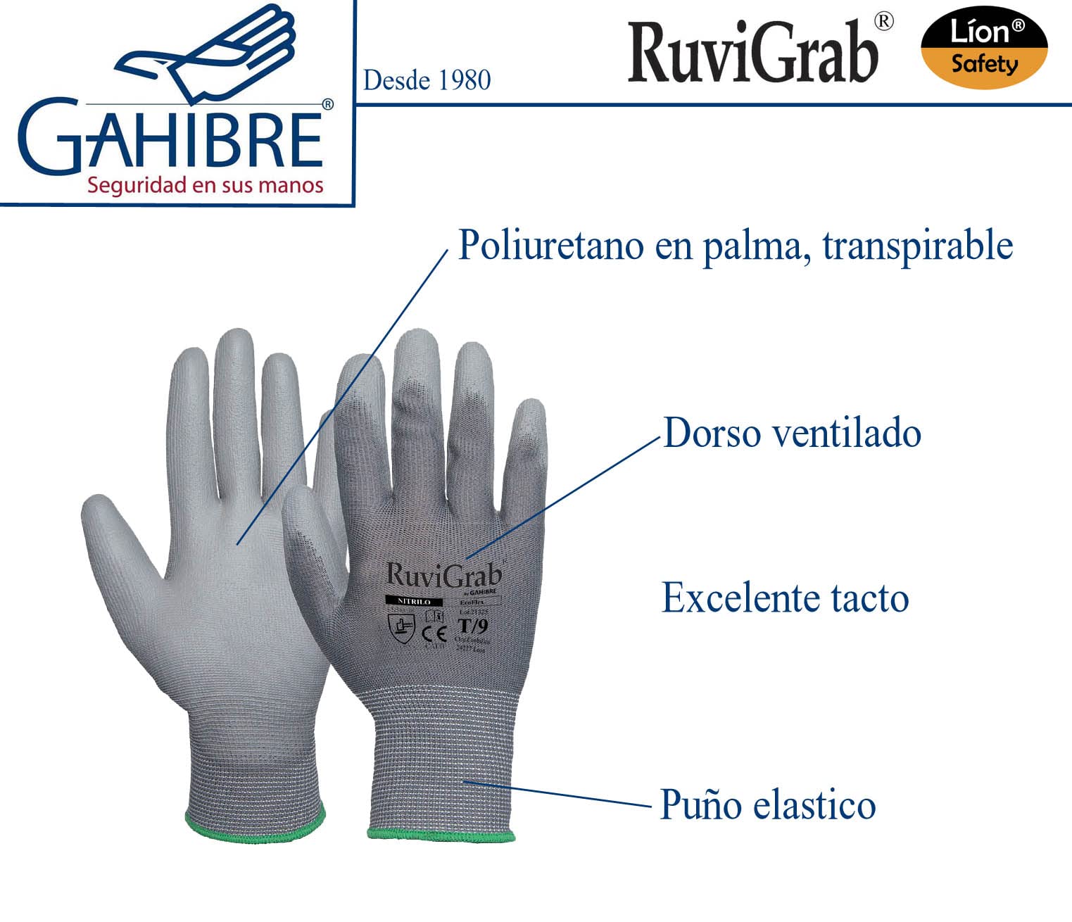 Ruvigrab Transpirable Poliuretano, Guantes De Trabajo Unisex Adulto, Gris (Grey), Talla 9 - 24 Pares Paquete De