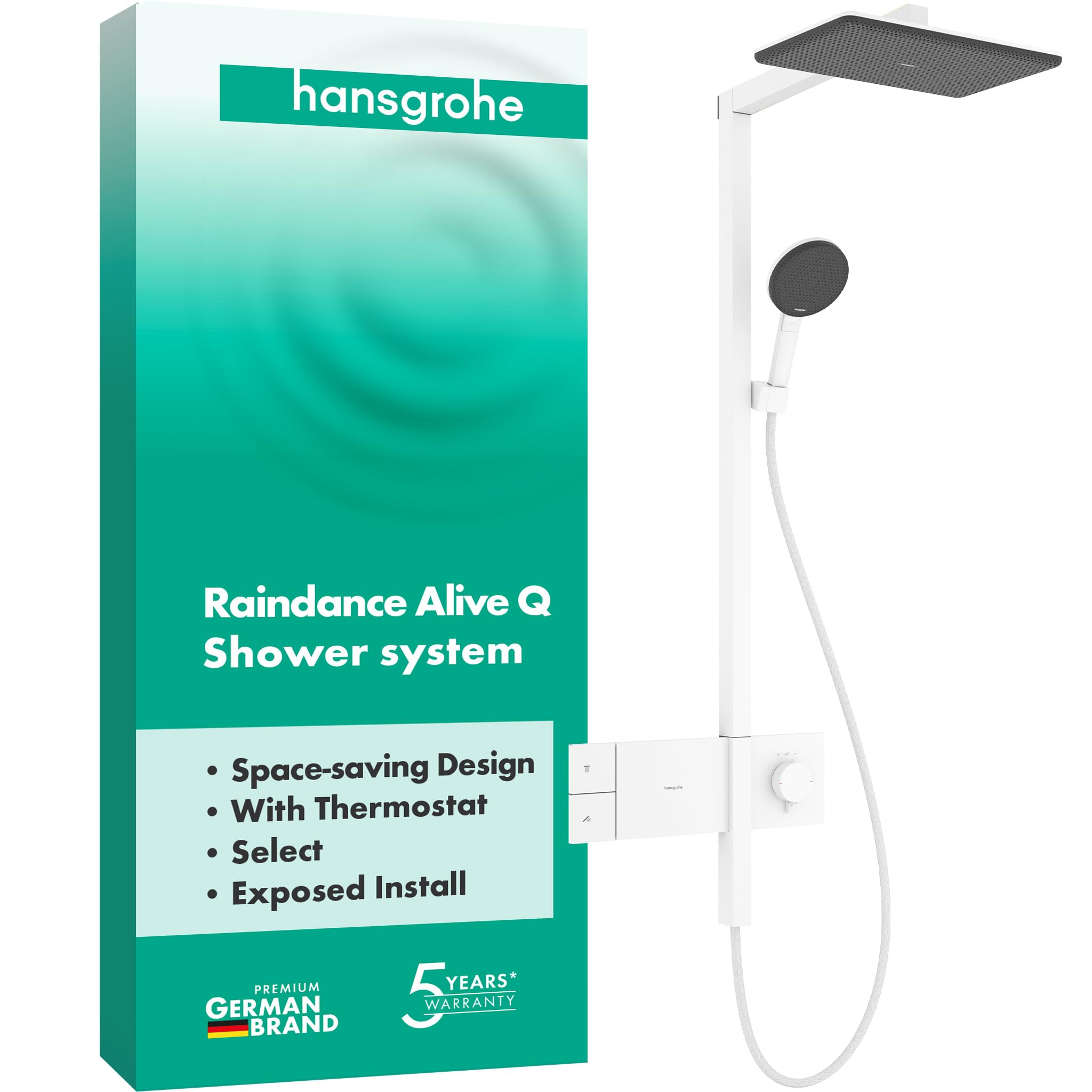 hansgrohe Raindance Alive Q - sistema de ducha con termostato, ducha lluvia (340 x 210 mm) con grifo, ducha de mano (3 tipos de chorro incl PowderRain), flexo, barra, ducha fija, blanco mate, 24580700