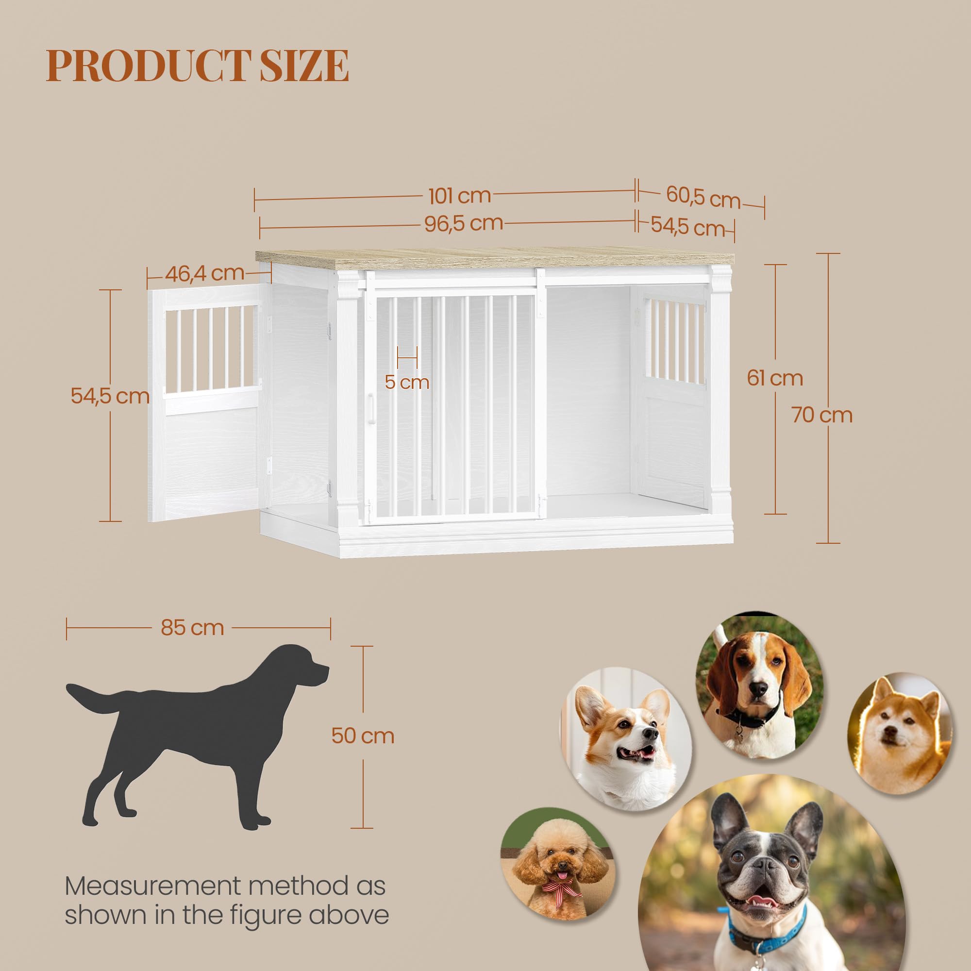 HEXCELEN 101cm Jaula para Perros, Mueble Mascotas Interior, Jaula Perro Grande para Casa de Madera, 3 Puertas, Mesa Auxiliar, Apto para Perros Medianos, 101 x 60,5 x 70 cm, Roble Blanco y Blanco