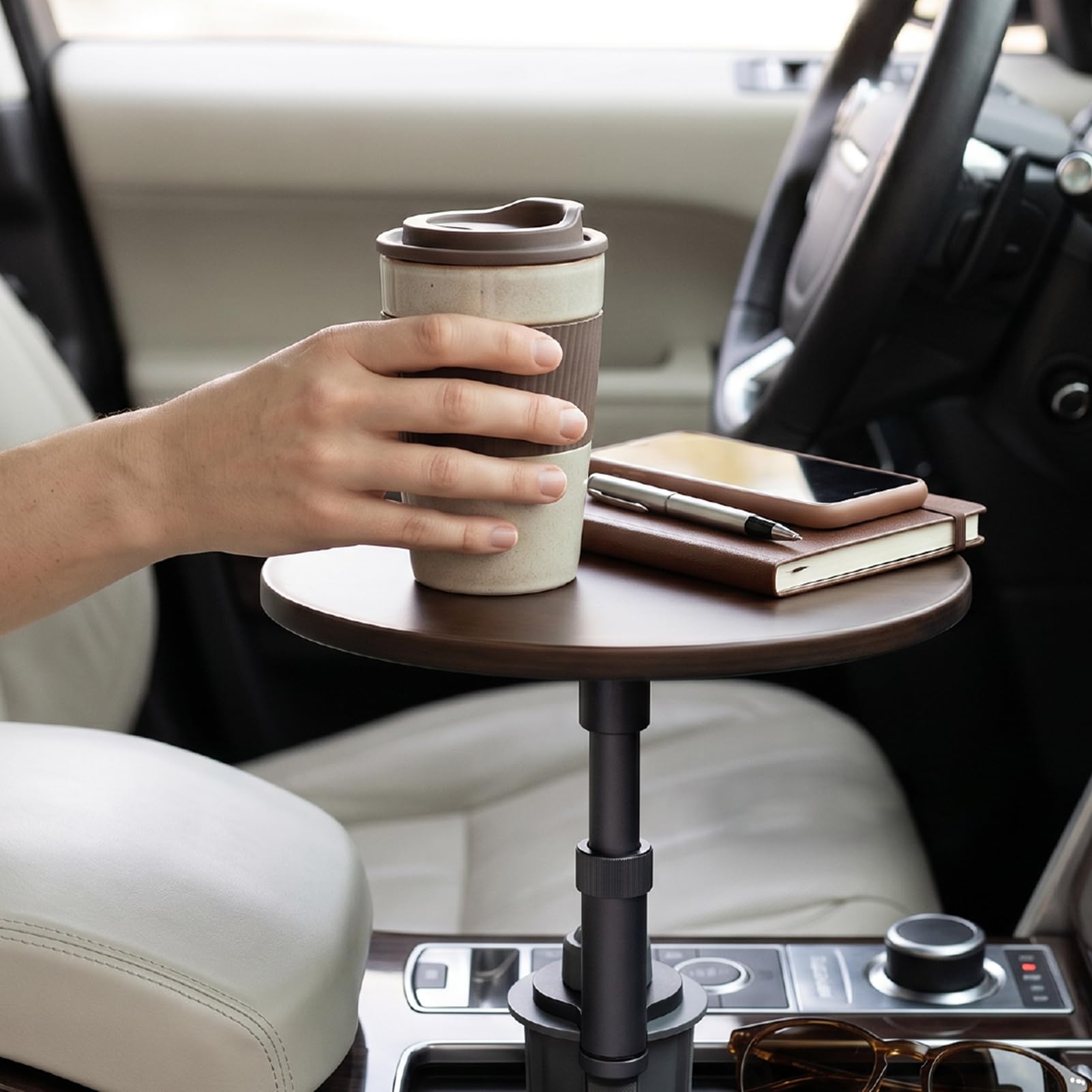 KIMISS Vassoio per Alimenti per Auto Scrivania per Auto in Legno con Rotazione di 360 Gradi Altezza Regolabile Supporto per Tazza in Lega di Alluminio Carico di 5 kg per Pasti per Laptop