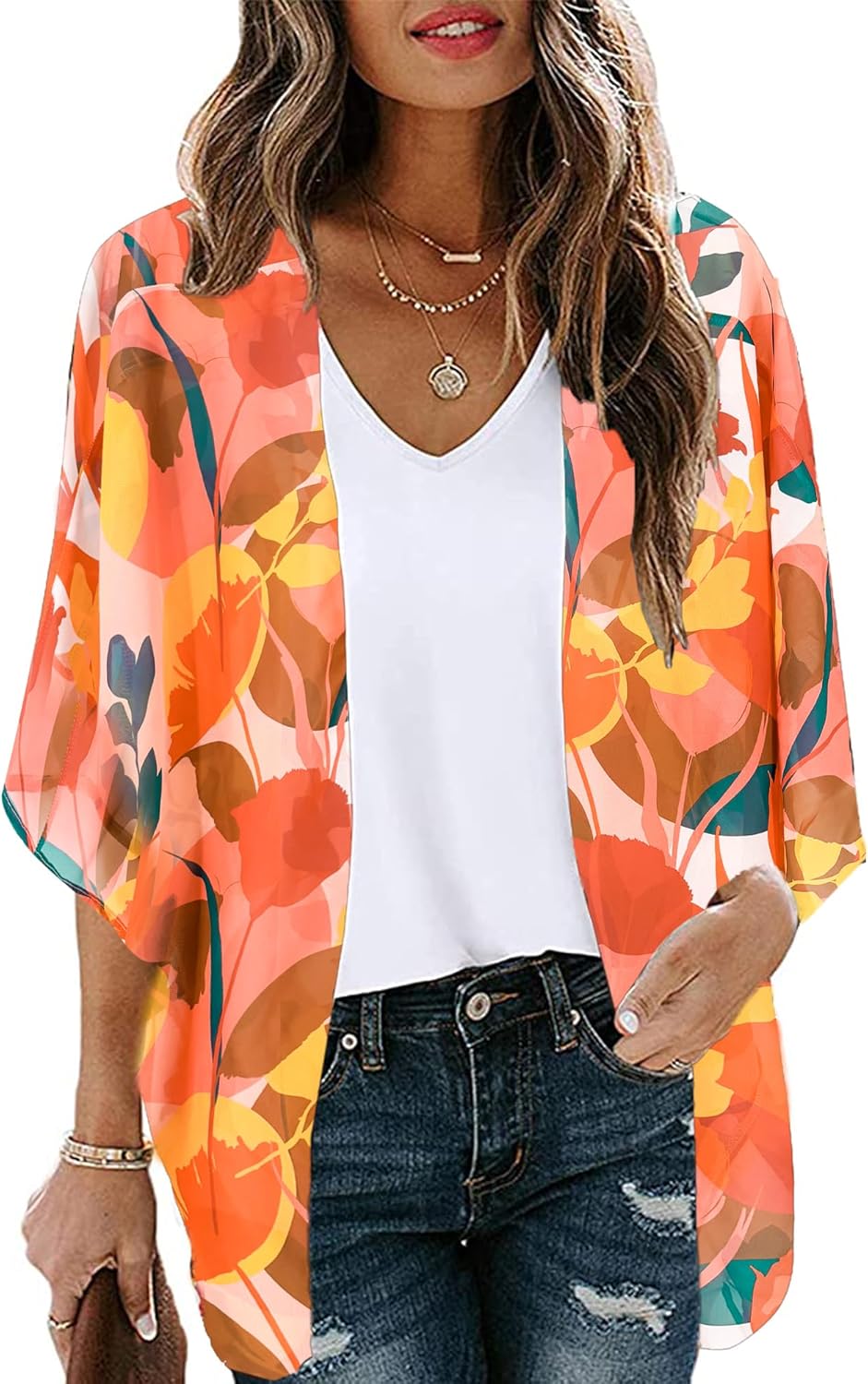 Moss Rose Women's Beach Kimono Coverup Sheer Chiffon Cover Ups, Casual Loose Open Front Cardigan Tops