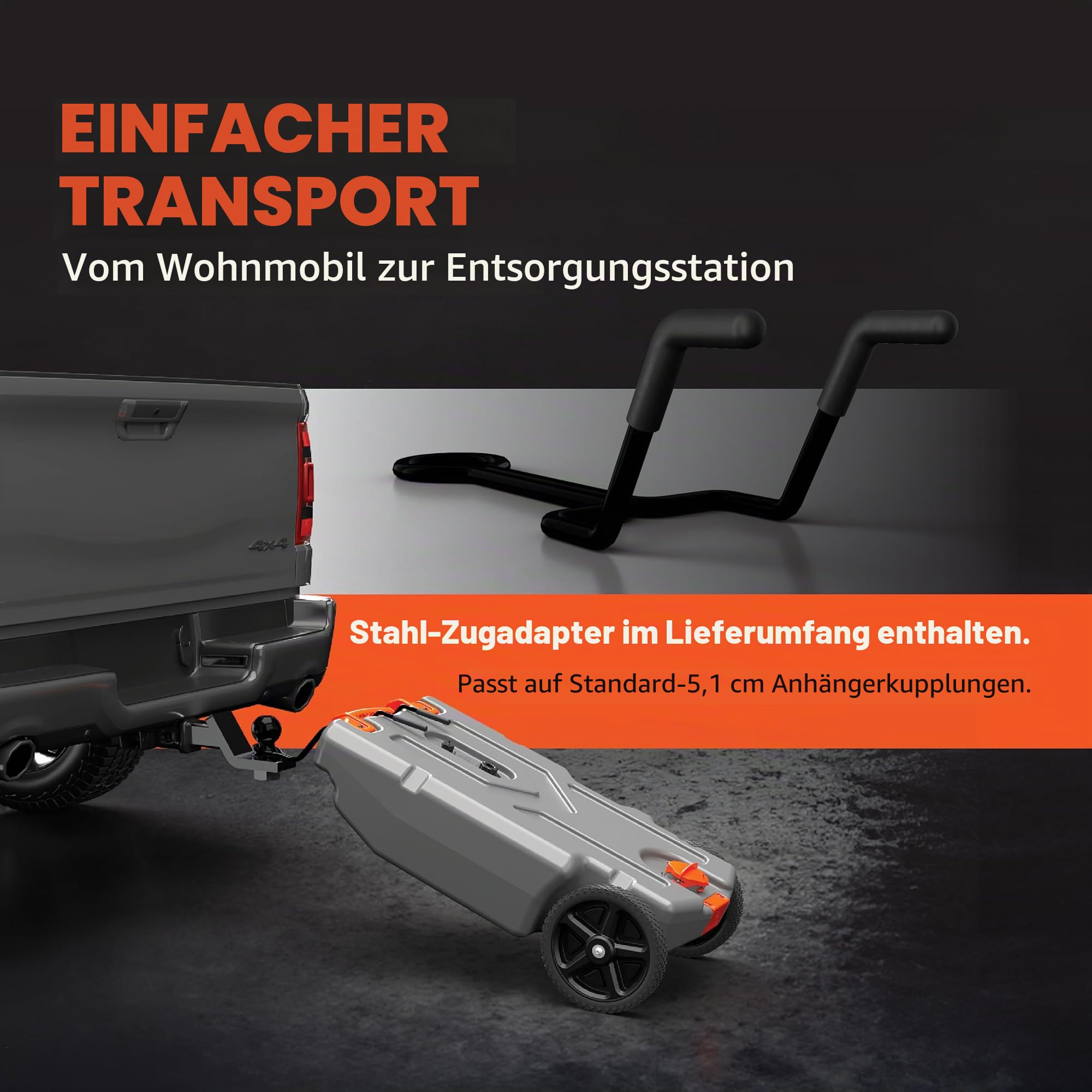 Camco Rhino 21-Gallonen Wohnmobil Abwassertank – Mit robusten pannensicheren Rädern, niedrigem Abflussloch, abnehmbarem Stahl-Zugadapter, 91,4 cm Abwasserschlauch und weiterem Zubehör (39002)