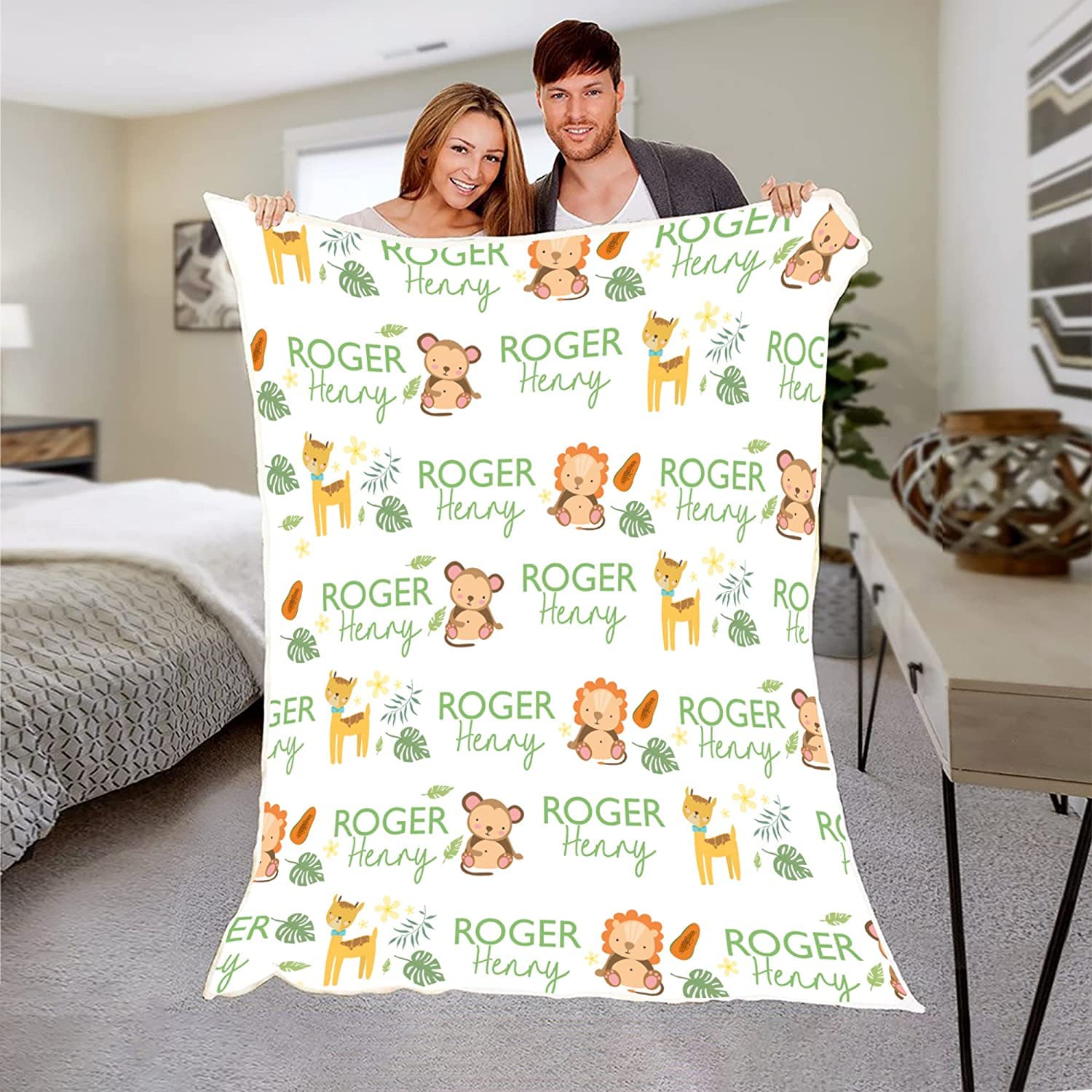 Manta personalizada con nombre de animales para hijo e hija, manta de forro polar personalizada con nombre de zoológico para nieto, nieta, manta de forro polar con nombre único de la selva para niños