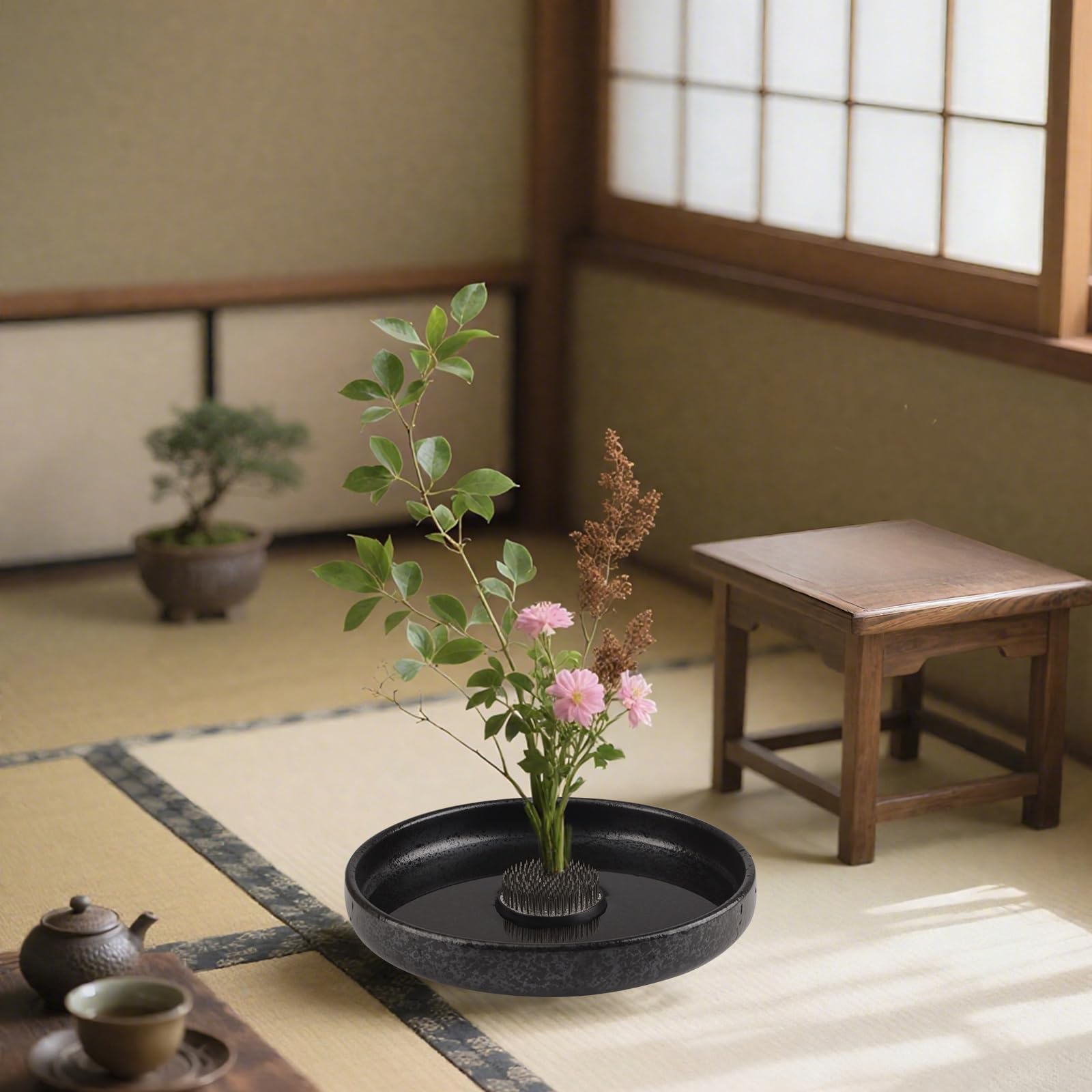 WANDIC Forniture per composizioni Floreali, Ikebana Fiore di Rana in Ceramica Tondo Poco Profondo Kenzan 6 cm, per la Decorazione Floreale di casa, Nero maculato (L)