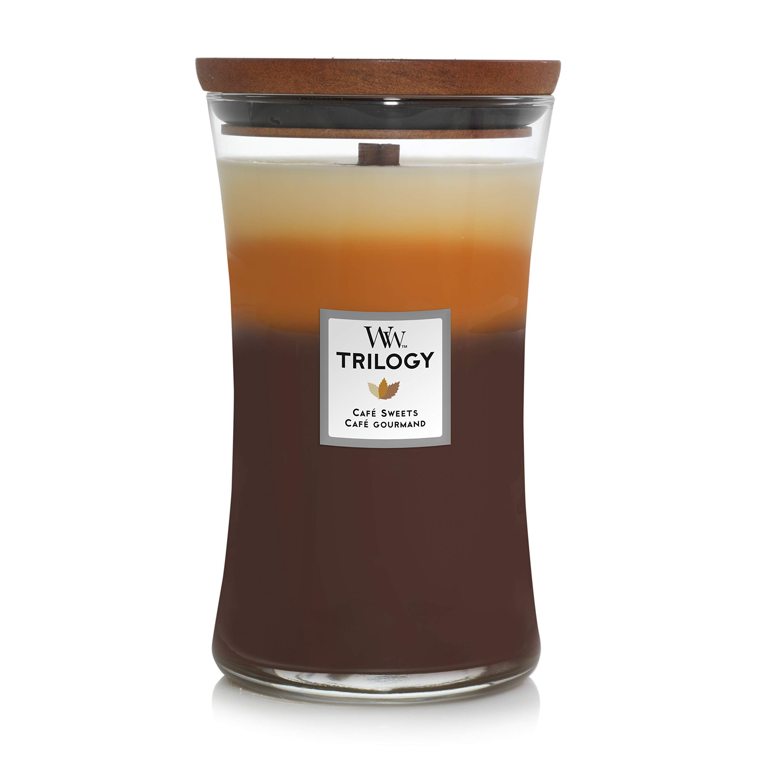 WoodWick candela grande profumata con stoppino scoppiettante | White Teak | Durata Fino a 130 Ore & Trilogy candela grande profumata con stoppino scoppiettante | Dolci al caffè | Durata Fino a 130 Ore