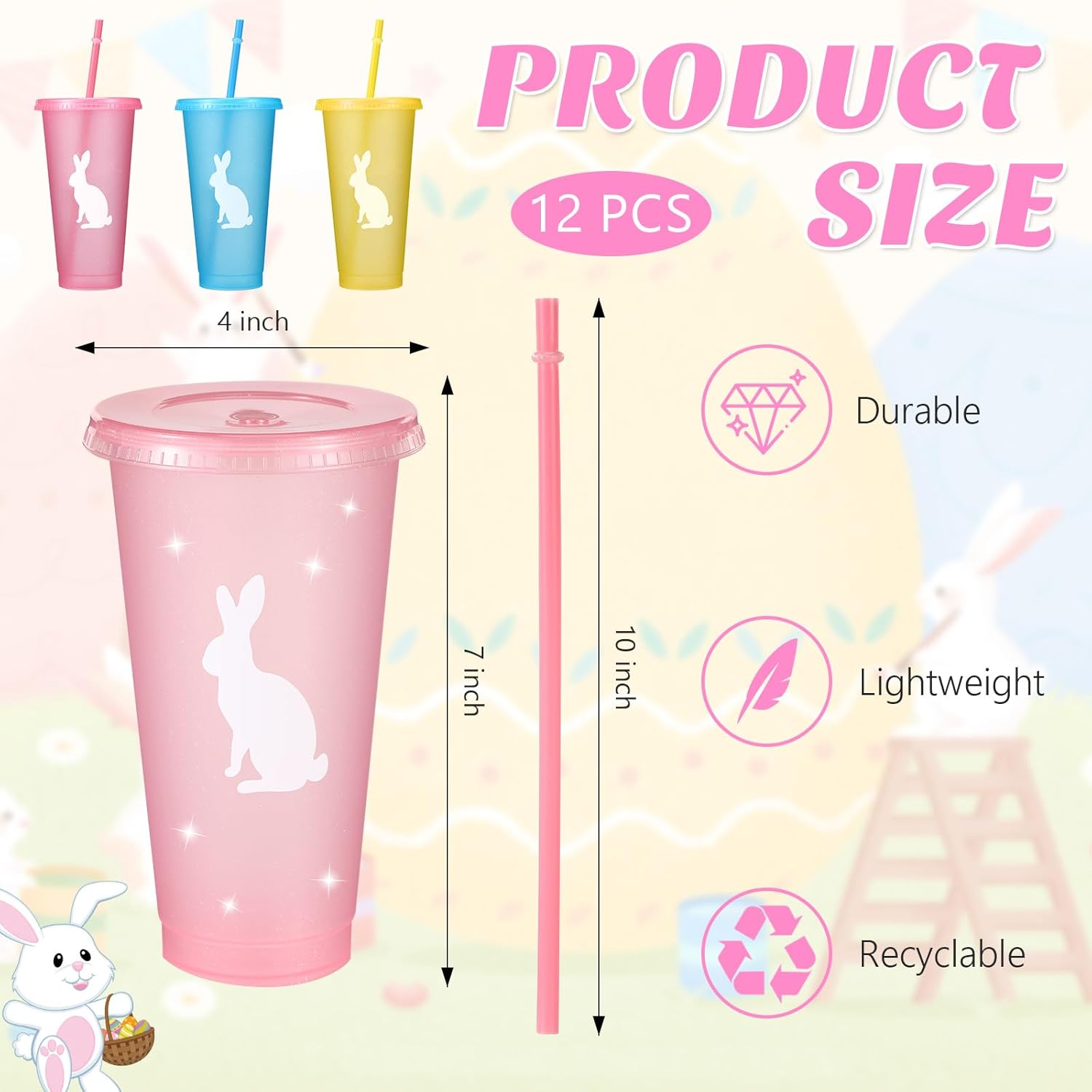 Qinyoung 12 Pack Easter Plastic Tumblers with Lids and Straws 24 oz Easter Bunny Cups Bulk Colorful Reusable Cups for Easter Party Favors Supplies Beverage Ice Coffee Beer Juice - Image 2