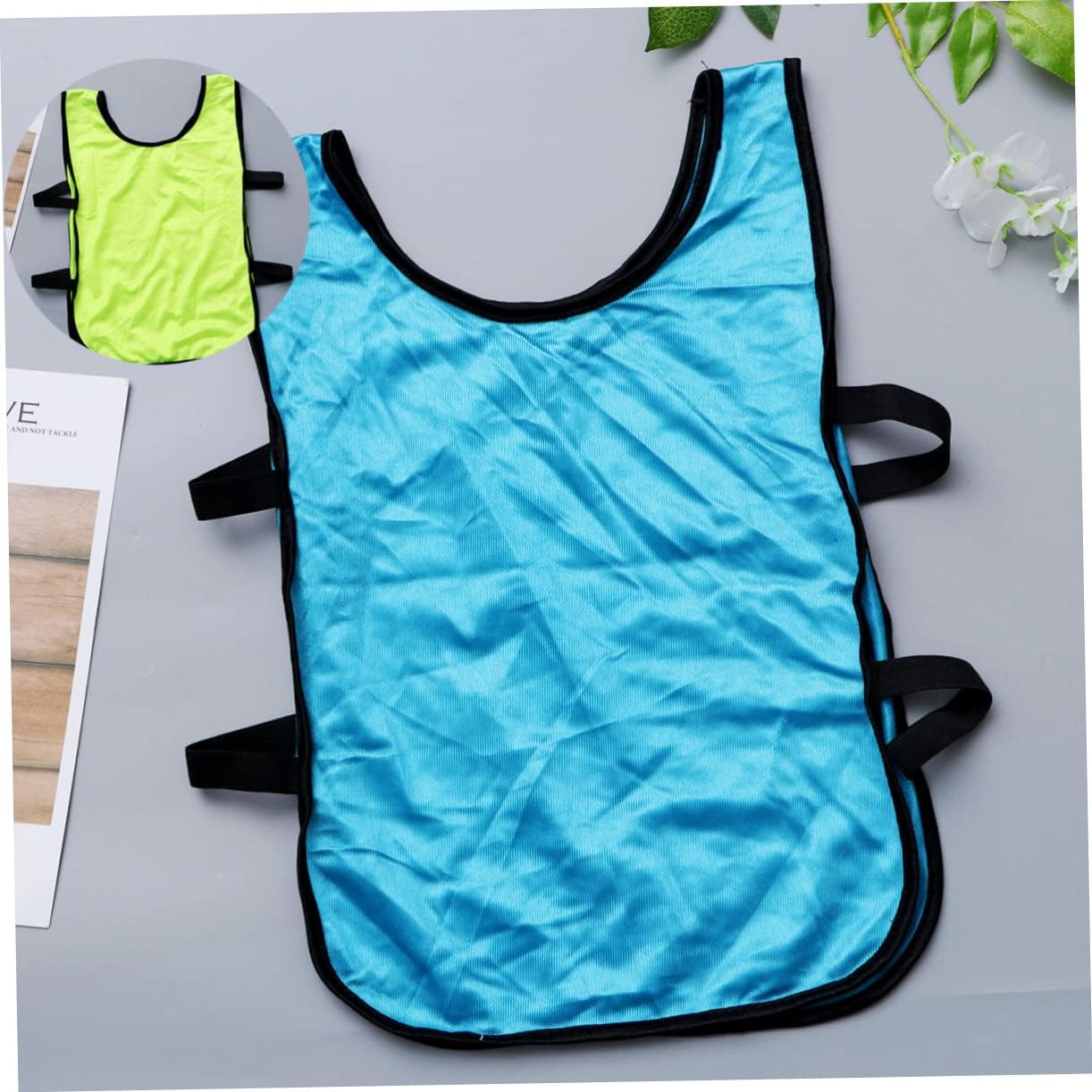 LIOOBO 12PCS Kids Training Vest Set Lightweight Mesh Summer Sleeveless Shirts for Soccer and Basketball Fluorescent Green and Light Blue for Youth Sports Teams