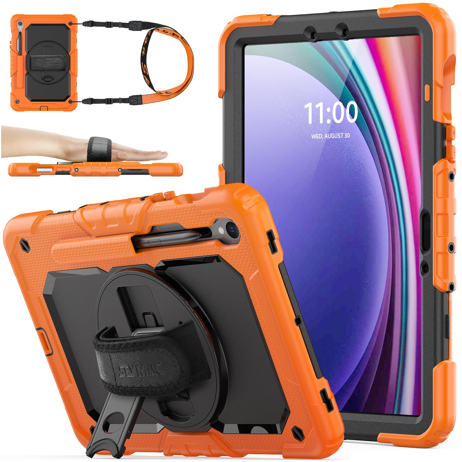 SEYMAC stockCase for Samsung Galaxy Tab S10 Lite / S10 FE / S9 FE 5G / S9 Tablet Case 10.9''/ 11'' Protective with Screen Protector, Pen Holder, 360 Rotate Stand, Hand Strap, Shoulder Strap, Orange