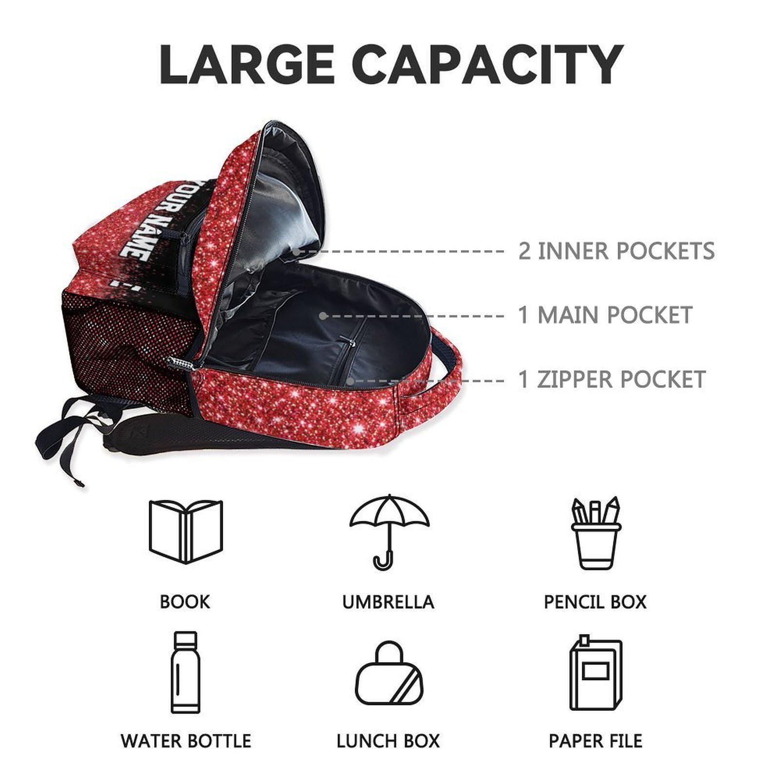 Zaino personalizzato Cheer, 43 cm, zaino da cheerleader, regali per ragazze, borsa per libri per bambini elementari, Rosso, One Size, Zaino per bambini