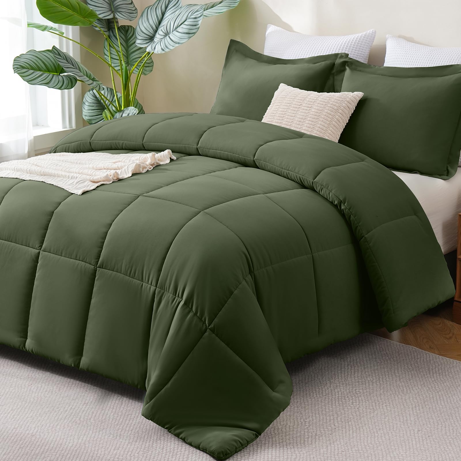 CozyLux Queen Size Comforter Set - Olive Green Comforter Queen Size, 3 Pieces Box Stitched Bed Set for All Seasons, Soft Lightweight Bedding Sets with